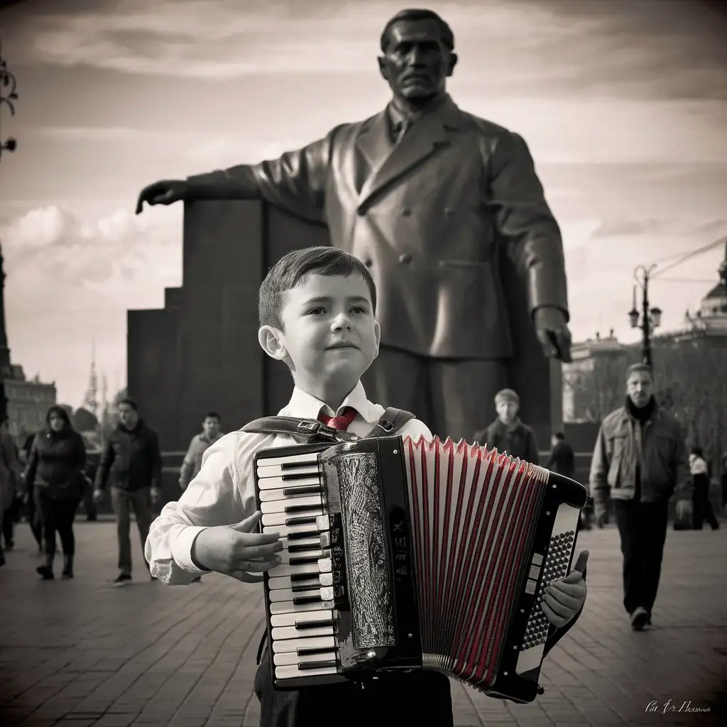 мальчик в белой рубашке и красном галстуке играет на аккордеоне, позади стоит памятник ленина
