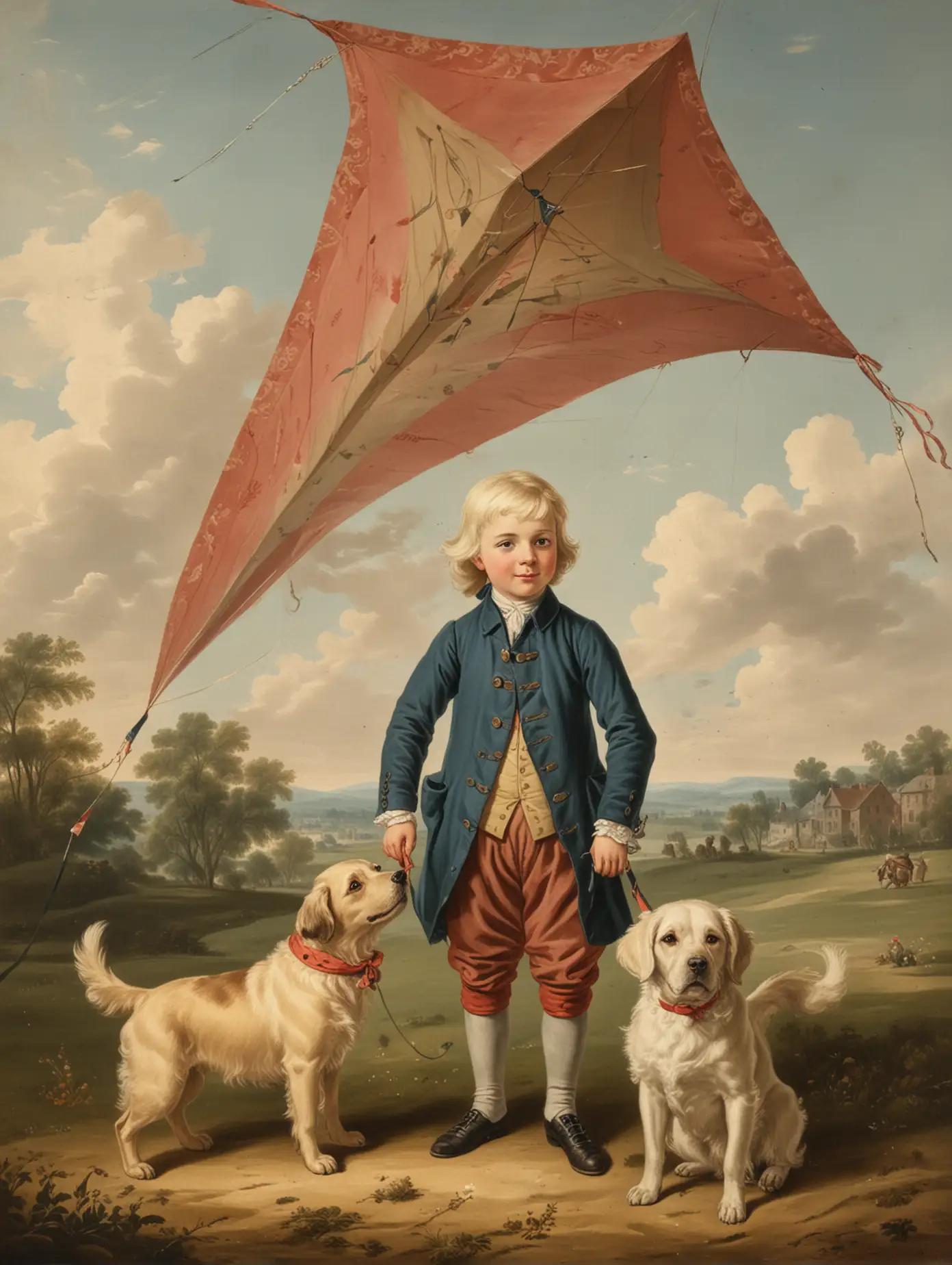 six year old blond boy standing by large kite and dog circa 1750