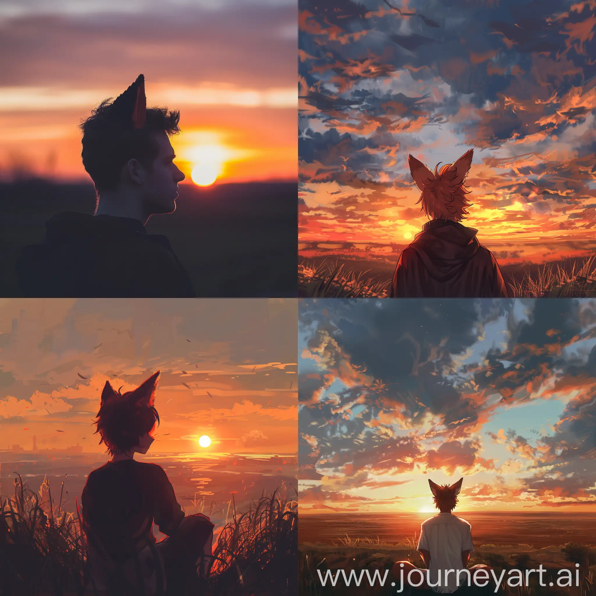 A guy with fox ears admires the sunset