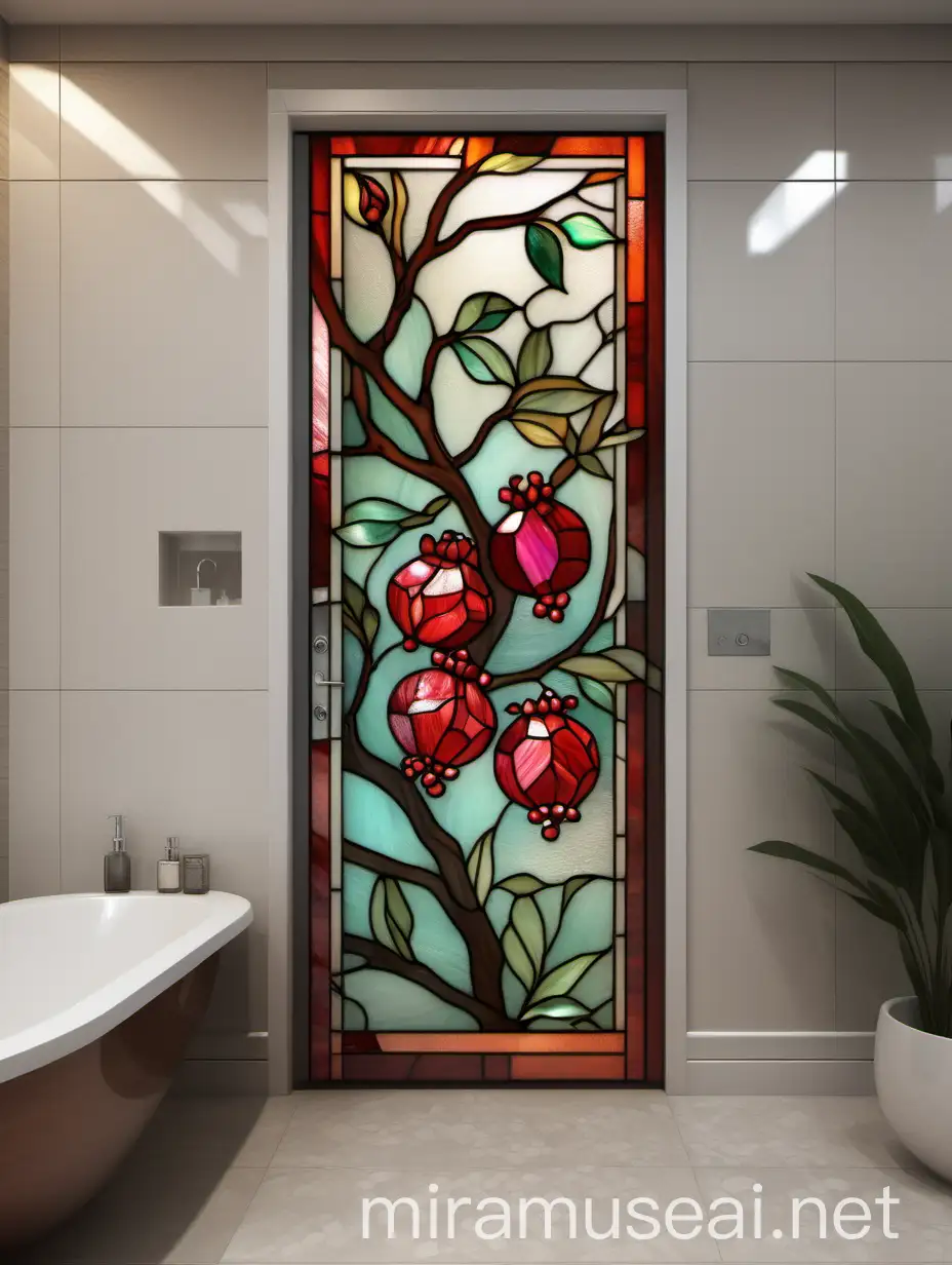 Abstract Stained Glass Bathroom Door with Blooming Pomegranate Branch