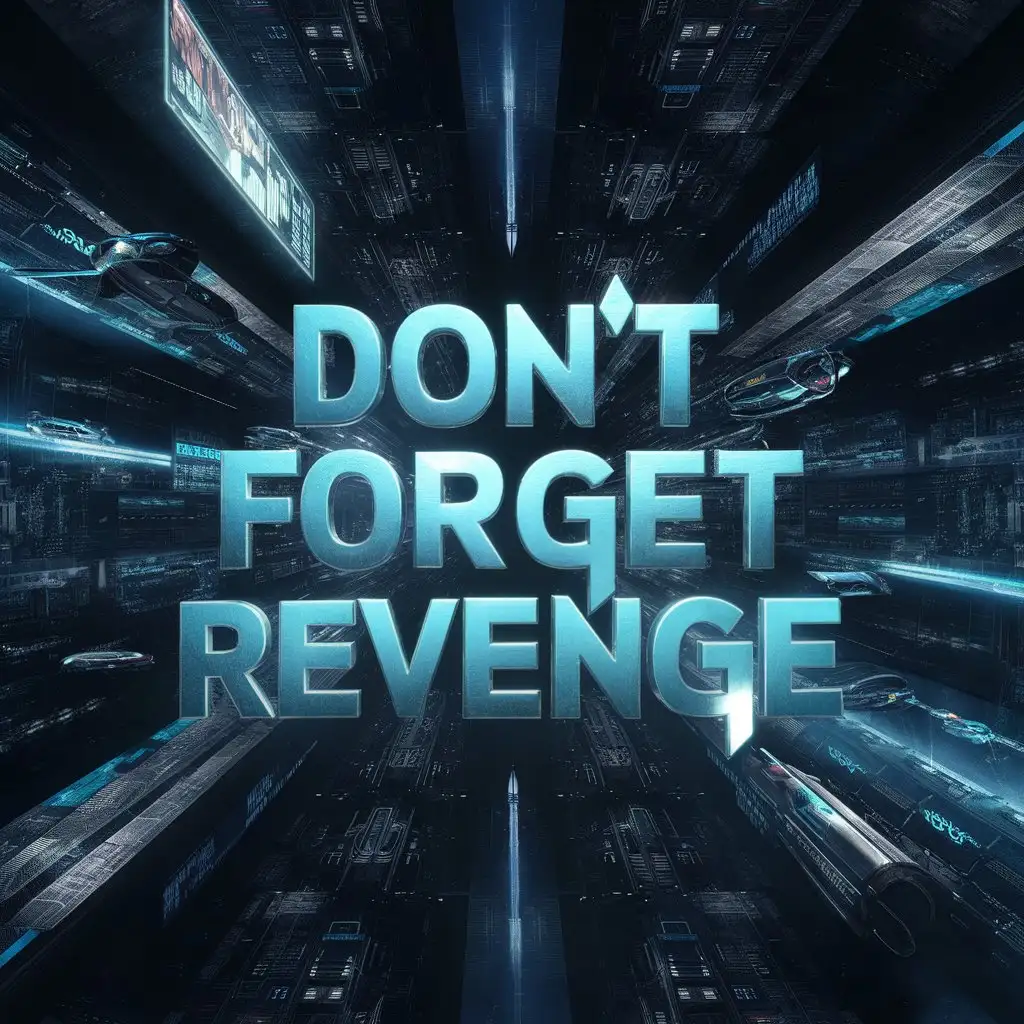 futuristic desktop wallpaper, written 'Don't forget Revenge' in the center, black and blue, highly detail.