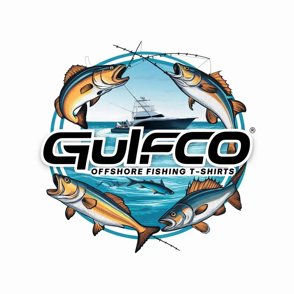 a logo design,with the text "Gulfco's offshore", main symbol:T-shirt design to develop a unique design for the back of Gulfco's offshore fishing T-shirts. Key Requirements: - The back design should incorporate: - Fish illustrations - Brand name (Gulfco) as a central focus - Fishing Yachts,Moderate,be used in Entertainment industry,clear background
