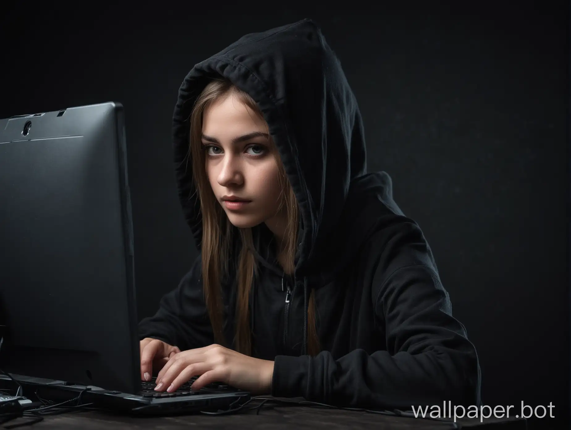 The girl hacker works at the computer on a dark background.