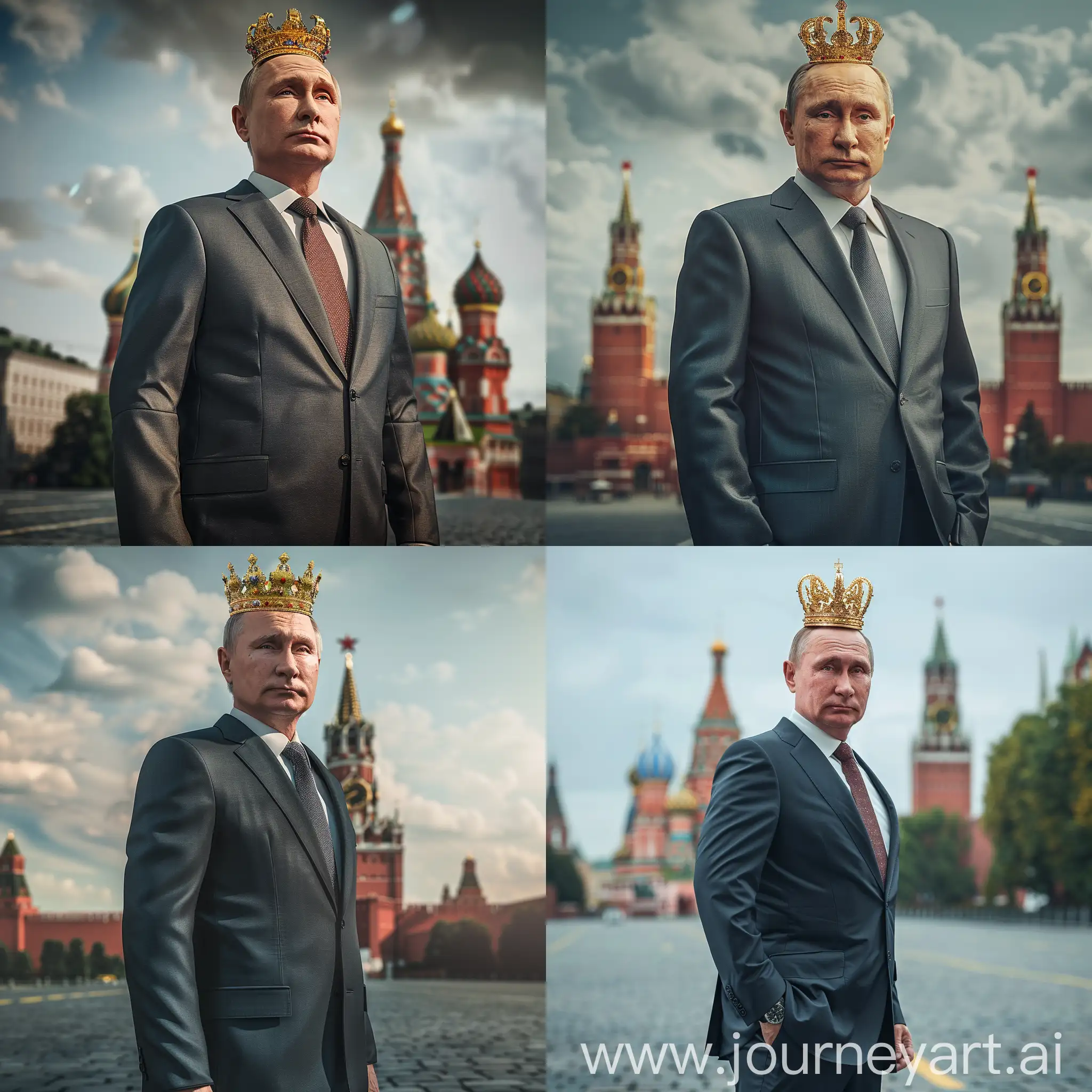 Владимир Путин, стоит в деловом костюме, на голове золотая корона, задний фон красная площадь, стиль 9 мая день победы, 8к, супер детализация, острый фокус, крупный план, гипер реализм, HDR, профессиональное освещение