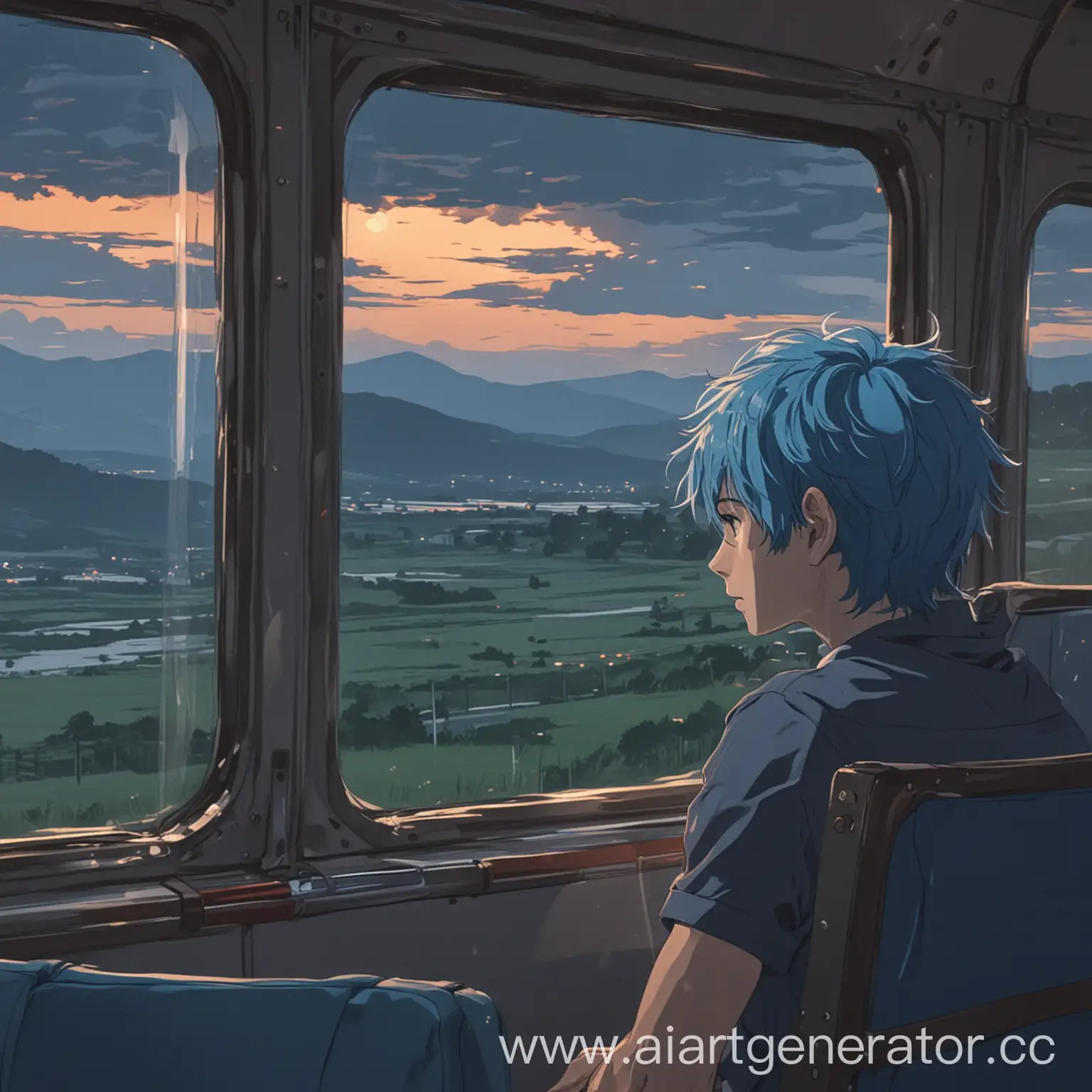 вид из окна автобуса, автобус внутри, вечер, парень смотрит в окно, пейзаж, парень с синими волосами, автобусные кресла, пассажир сидит  в кресле, отдаленный план, аниме, рисунок