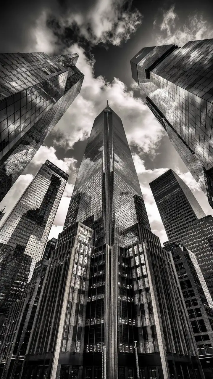 The image is a striking black-and-white photograph taken from a low angle, looking up at a cluster of modern skyscrapers. The buildings are composed of sleek glass and steel, with their reflective surfaces capturing the surrounding architecture and the sky above. The tallest building in the center dominates the scene, stretching upwards and tapering to a sharp point, giving a sense of immense height and grandeur.

The glass facades of the skyscrapers reflect the clouds, creating a dynamic interplay between the solid structures and the soft, ethereal sky. The reflections add depth and texture to the image, with various angles and surfaces catching the light differently. The clouds are scattered and partially cover the sky, adding a dramatic element to the composition.

The perspective and composition emphasize the vertical lines and geometric patterns of the architecture, conveying a sense of modernity and urban sophistication. The monochromatic color scheme enhances the contrasts and highlights the architectural details, giving the photograph a timeless and elegant quality.