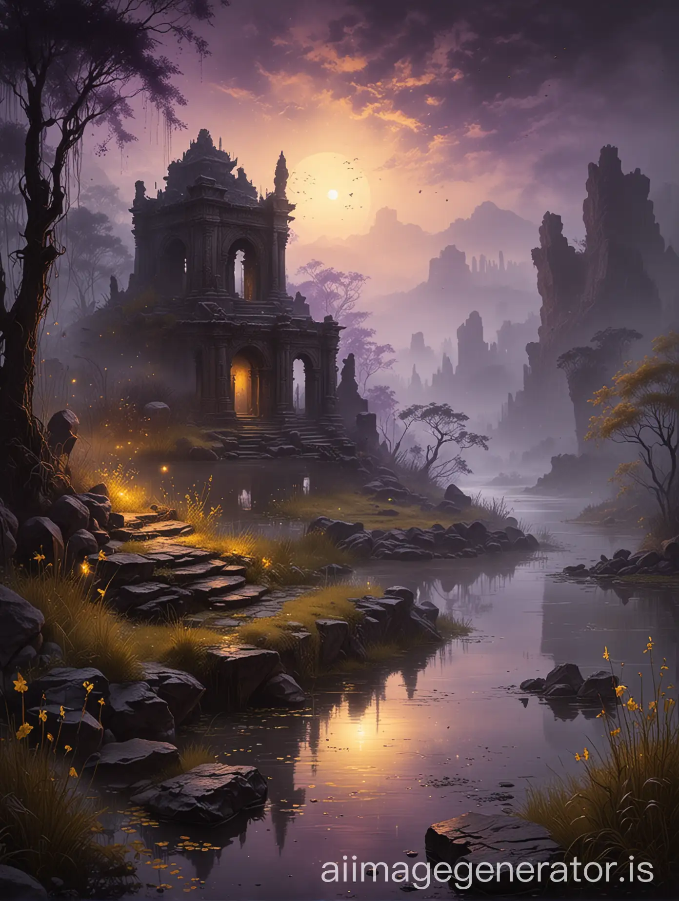 luis royo inspired dark backdrop,  foggy, rainy weather, ancient ruins, dark gloomy gardenscape, a wet rock by the pond, golden hour, sunset purple and yellow, fireflies