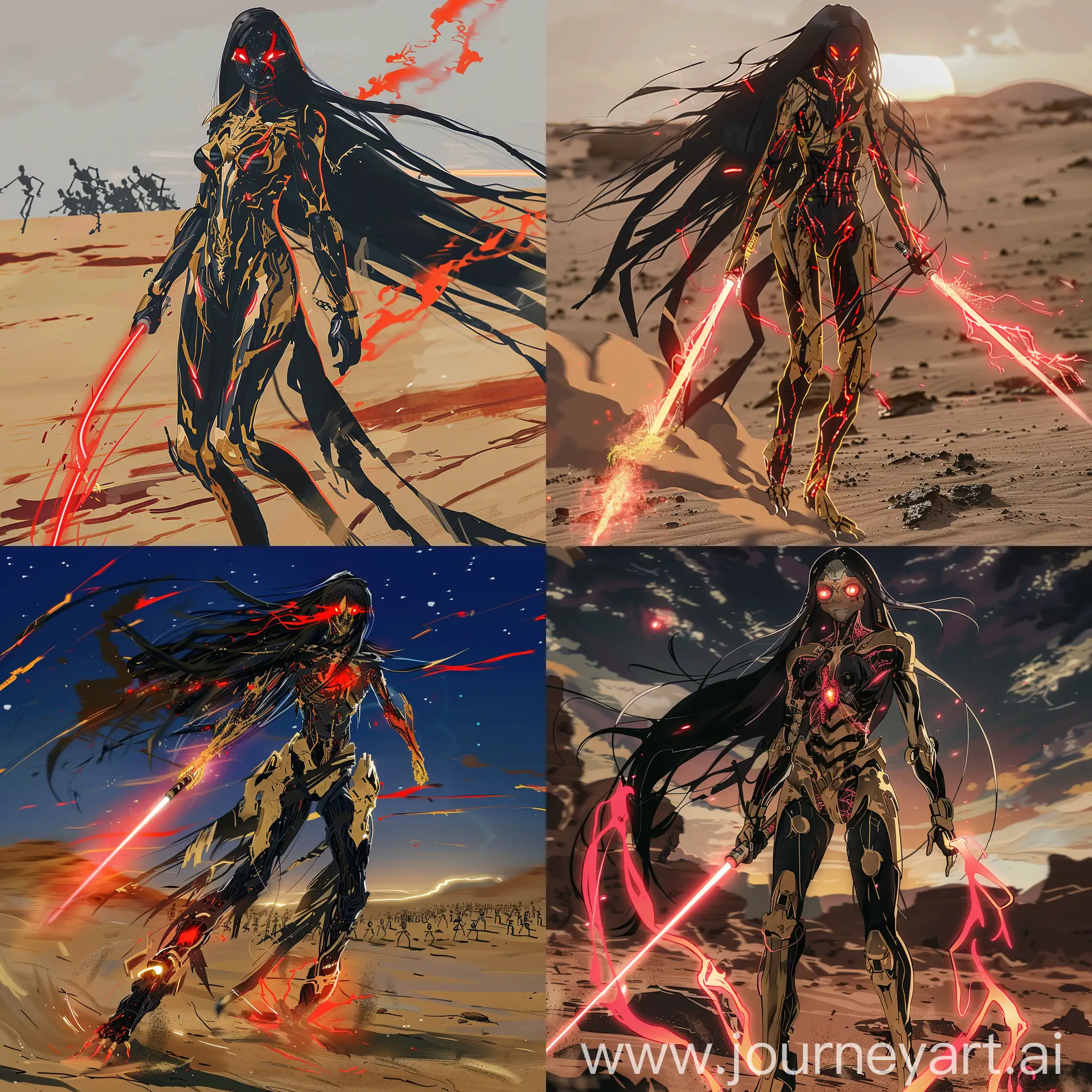 vivid colors, long exposure, full body, panoramic capture, a woman with long black hair and glowing red eyes, black and gold Digimon wargreymon costume, torn, red flame powers, general pose, walking in the desert, with lightsaber, with energy around him, commanding an army of skeletons, pulp manga sketch art style, night