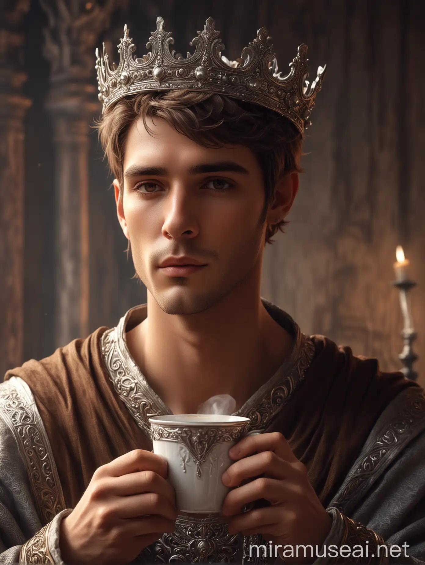 Handsome King with Silver Crown Drinking Coffee in Digital Art Style
