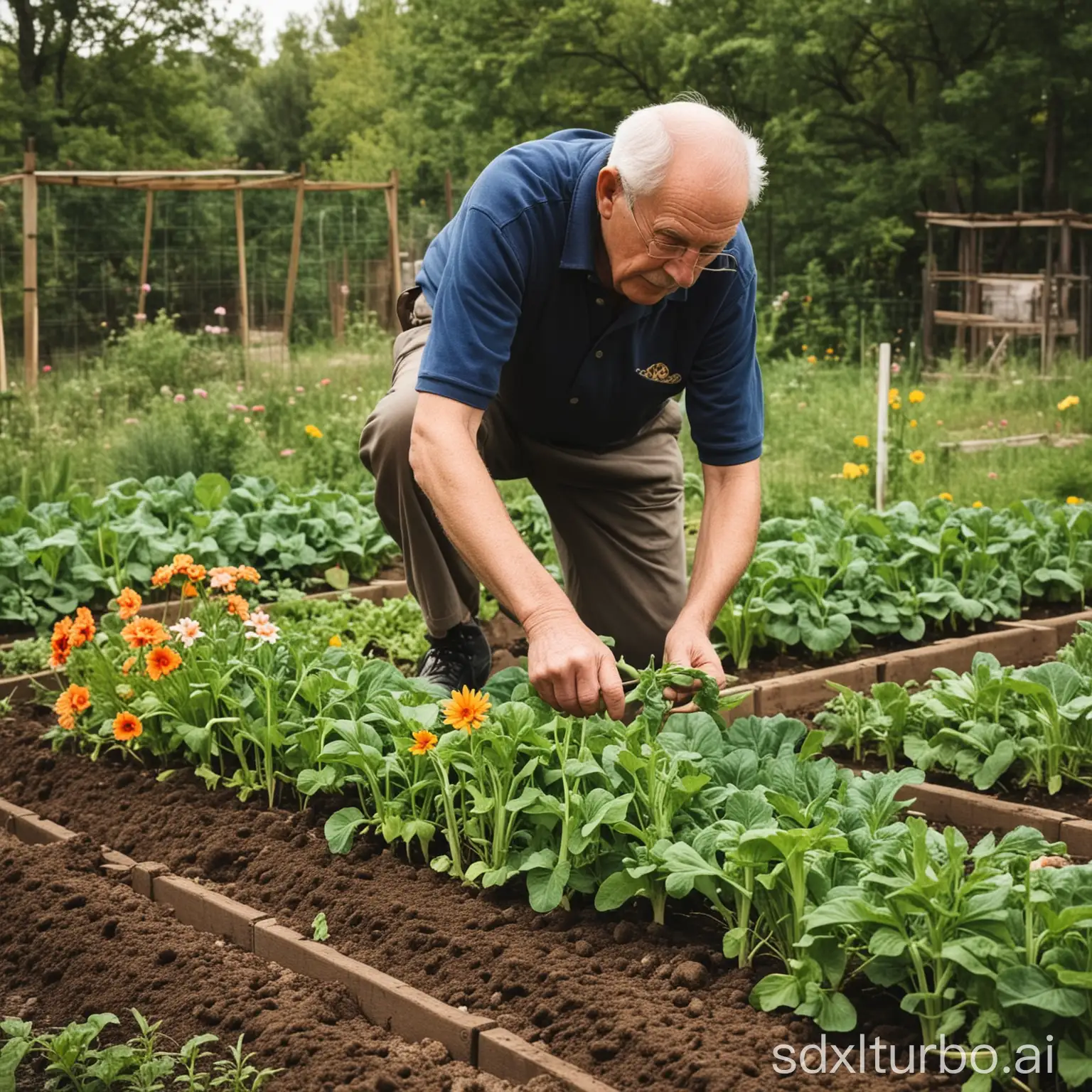 Elderly-Gardener-Cultivates-Colorful-Blooms-amidst-Vegetables