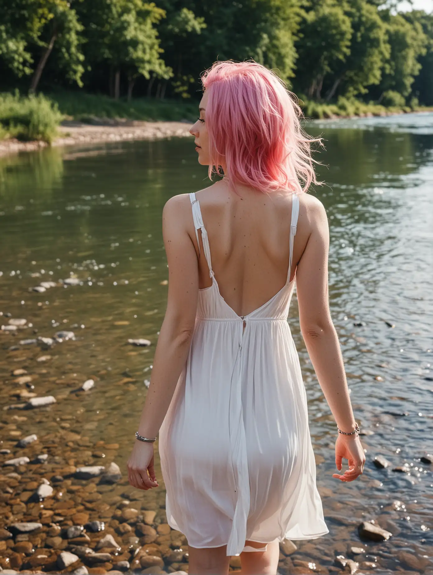 woman with pink hair walking by the river, wearing a white dress