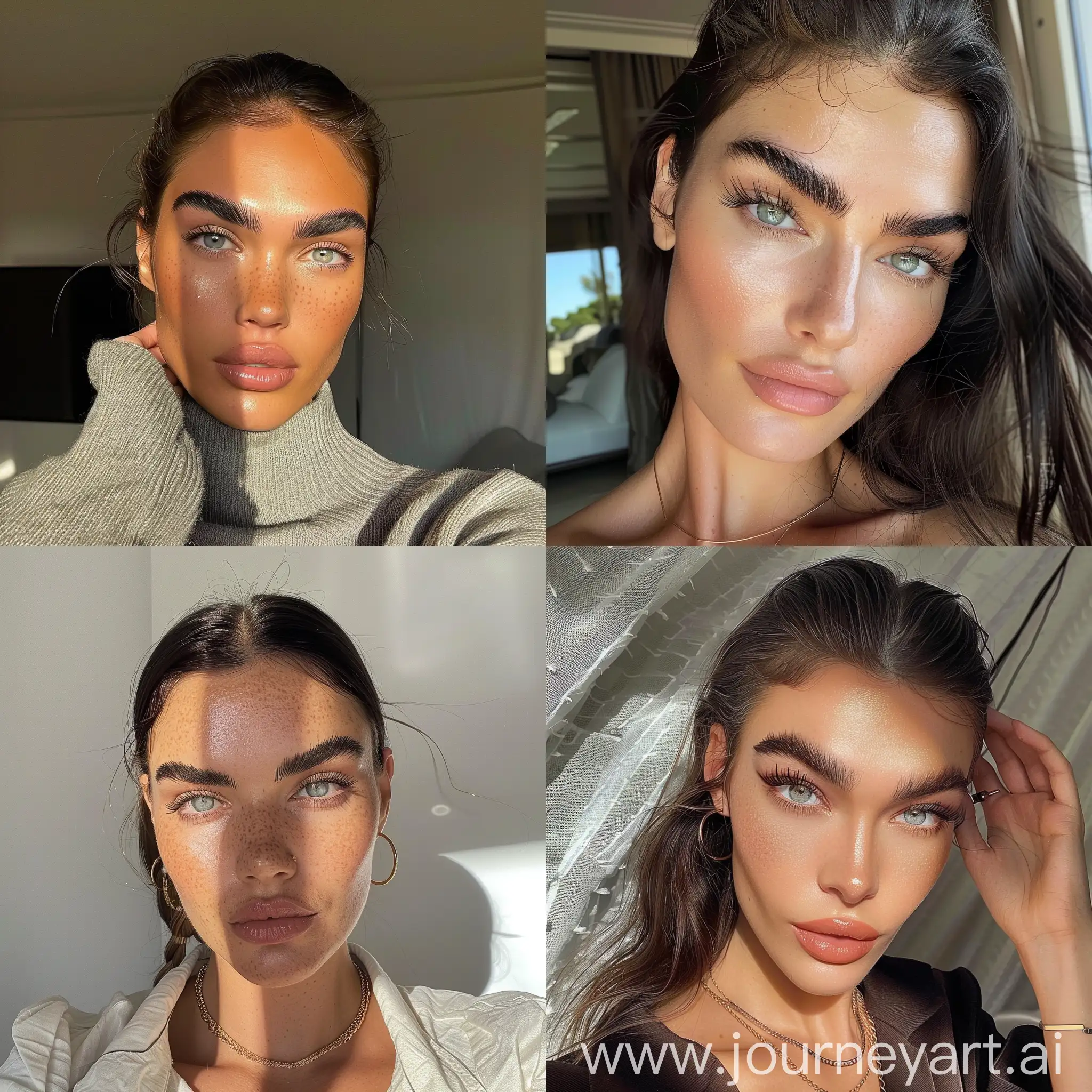 Aesthetic Instagram selfie of a female super model with two heads, gorgeous, bushy eyebrows