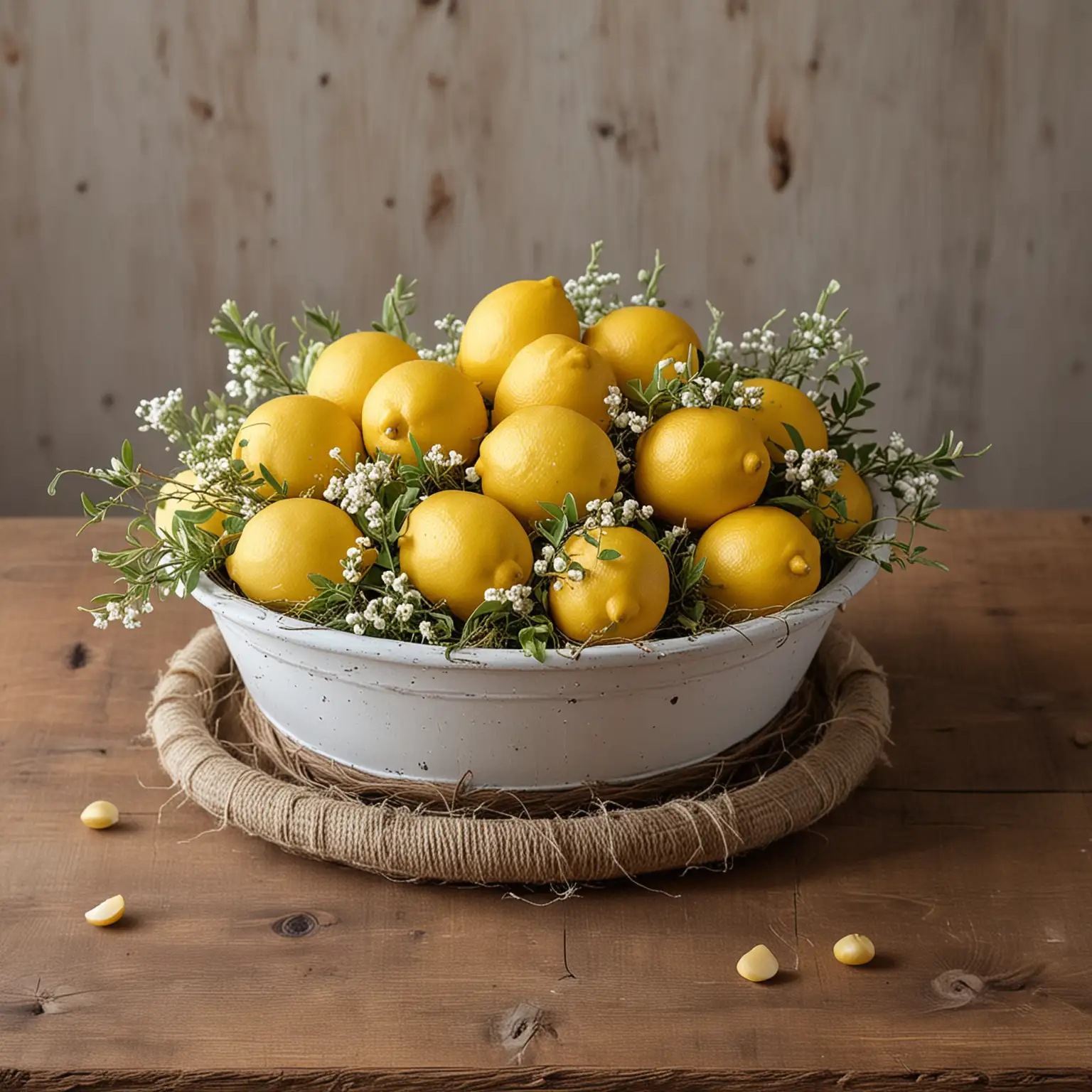 realistic image of a simple and small rustic wedding centerpiece using an old rustic white wash pan filled with lemons and embellished with twine