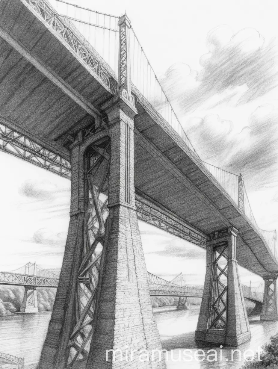一座立交桥，黑白线条的铅笔画，侧景，近景，从地面开始上升，桥体挡住后面的天空，桥下有呈射线延伸的桥洞