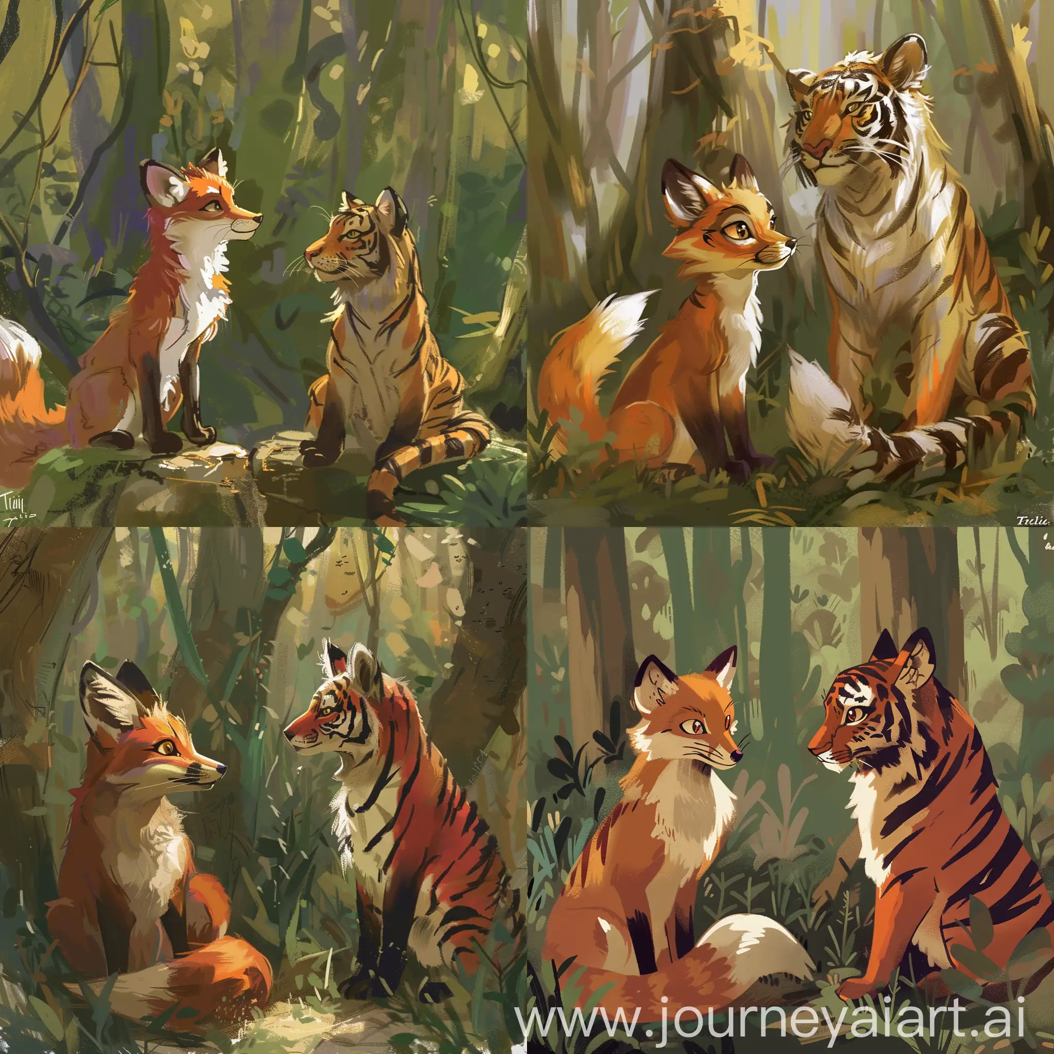 Forest-Encounter-Fox-and-Tigers-Curious-Meeting