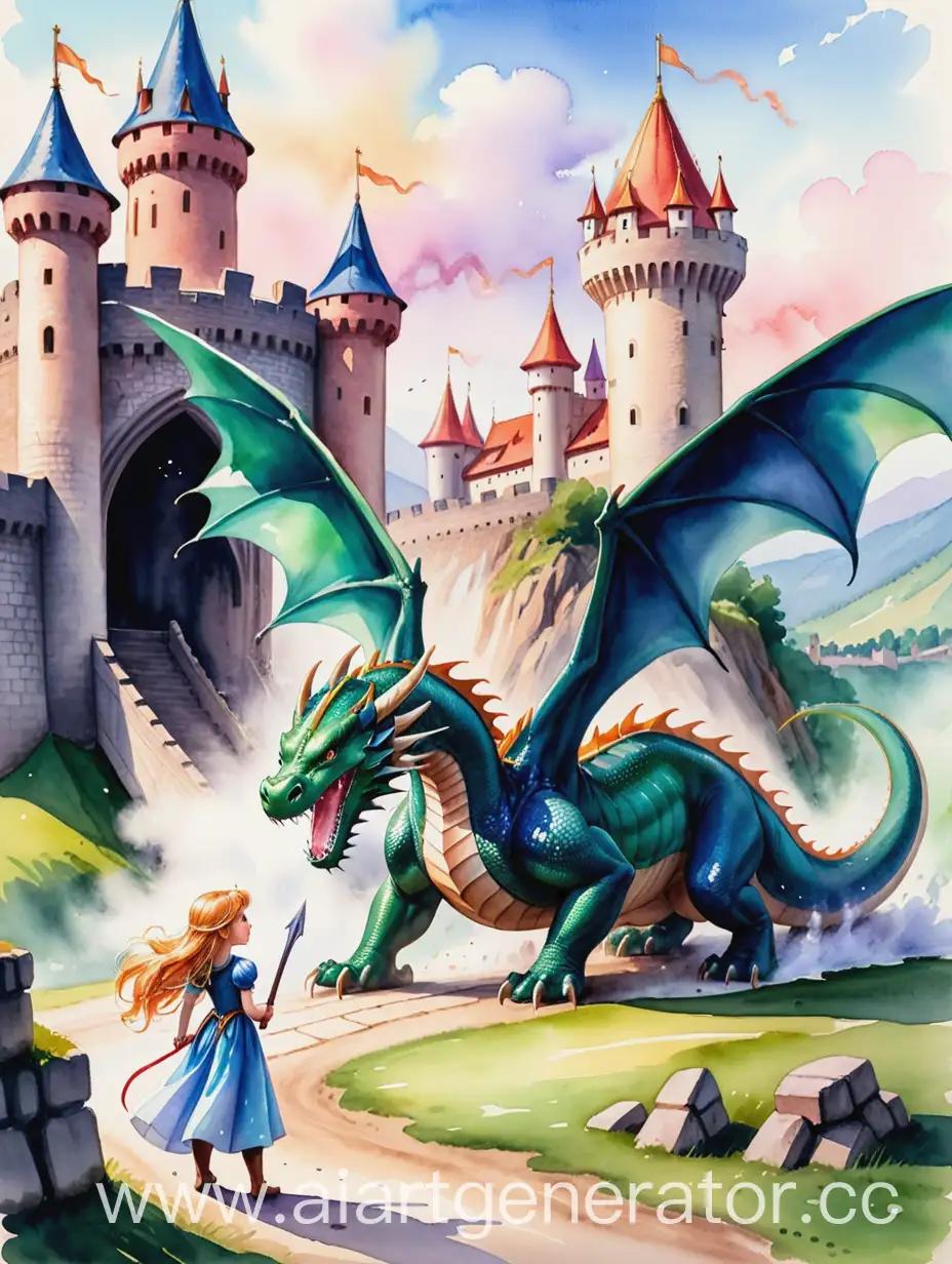 Princess-Defeating-Dragon-Against-Castle-in-Watercolor-Illustration