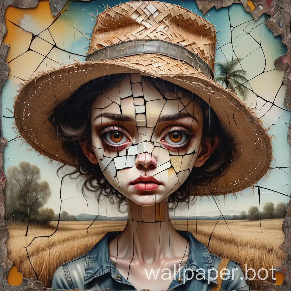 on a battered aged canvas with cracks and deep scratches, double exposure, collage in mixed media, patchwork, Anika Hensen with exaggerated facial features in the style of Mark Ryden, clean skin, in a straw hat and matching clothes, brown eyes with a sharp look, detailed textures, artistic dynamic pose, grace, atmosphere, clear focus, image clarity, 4K, transparency, surreal oil painting, splashes of paint combined with carefully drawn fine lines and details in the style of Ralph Steadman, ArtStation