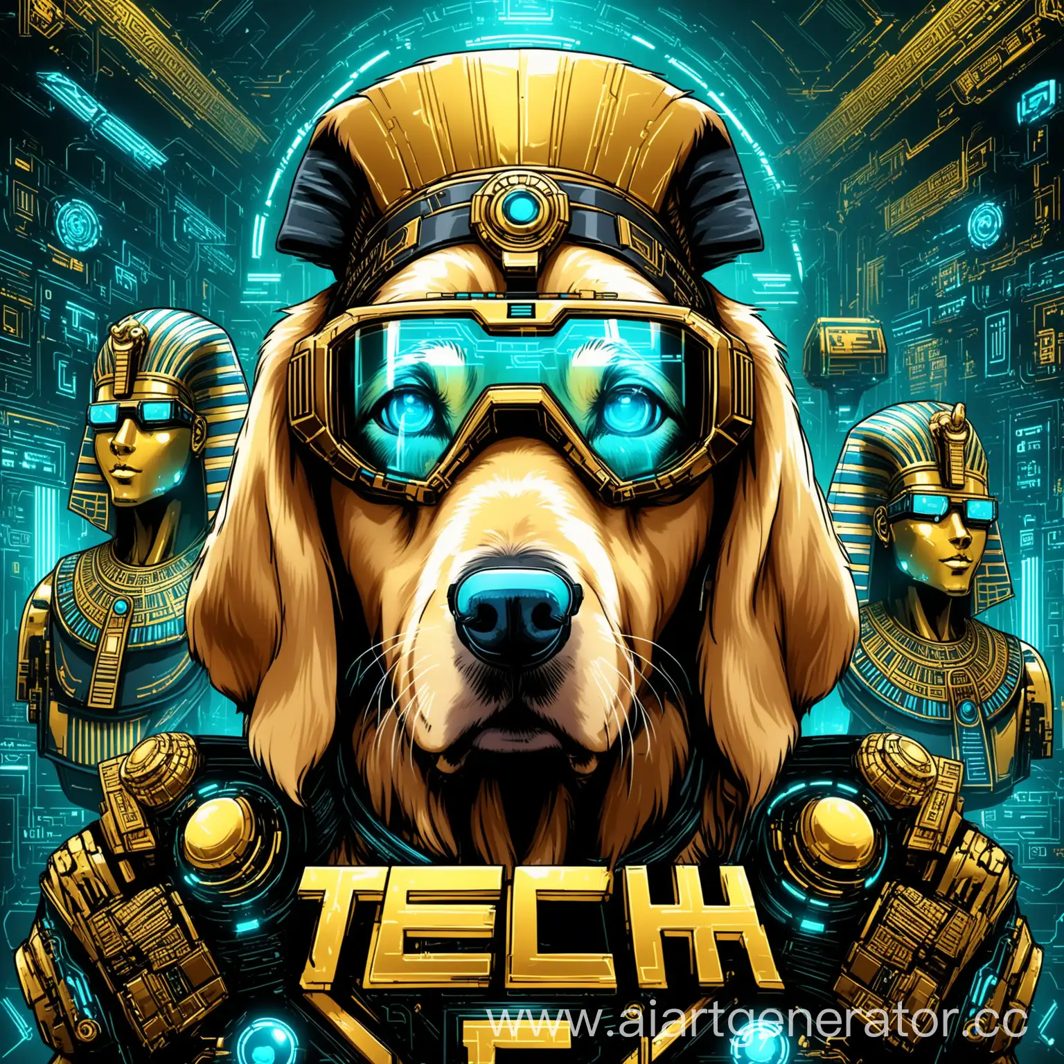 ''Tech''  text type  cyberpunk  and ancient egypt. a golden retriver head wearing lab protect goggle.