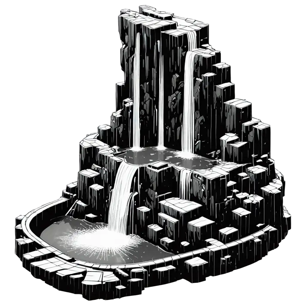 isometric comic book style black and white cyberpunk waterfall dam city gothic