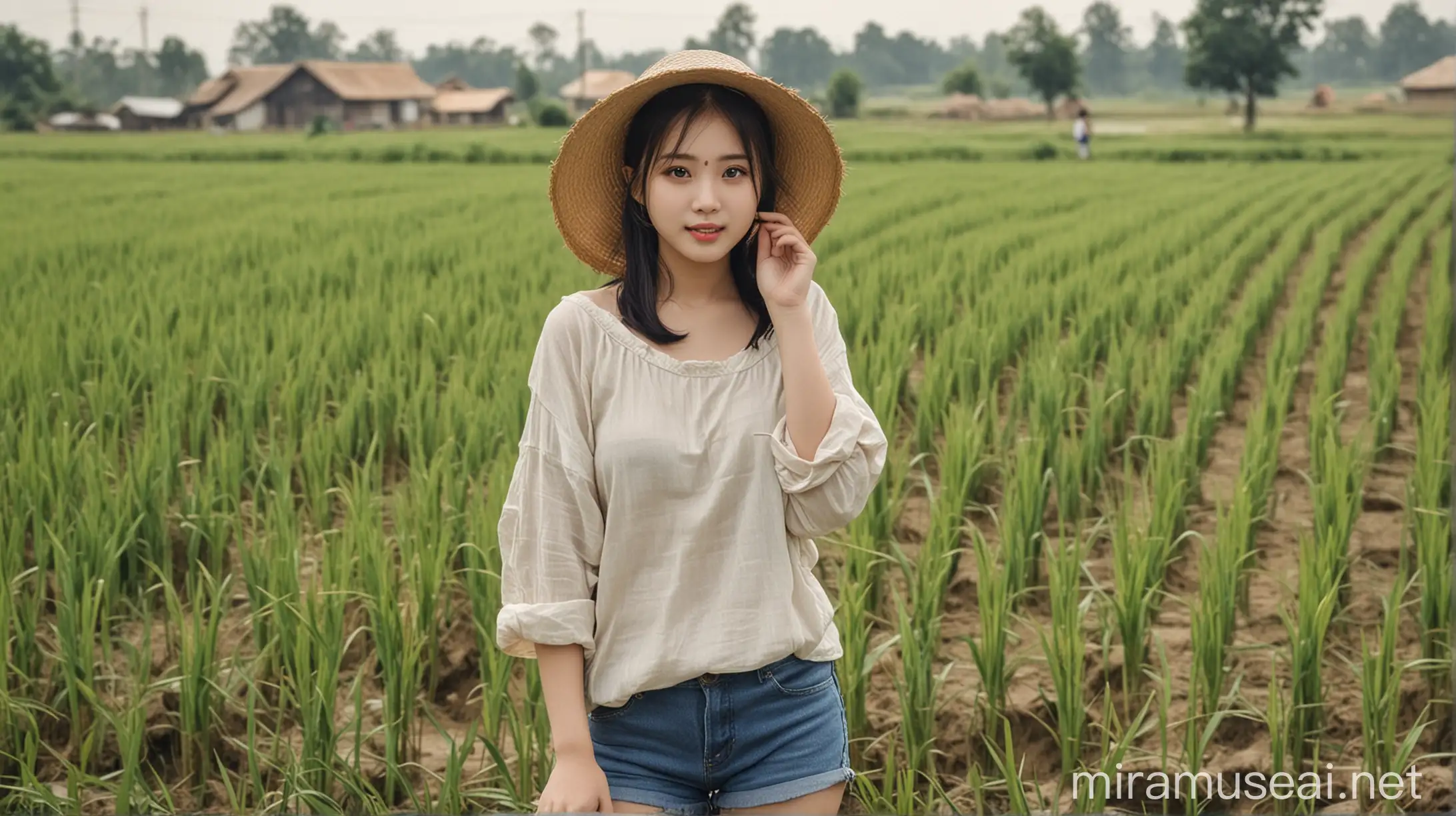 中国女孩，胖胖的，在农村稻田里，衣服朴素