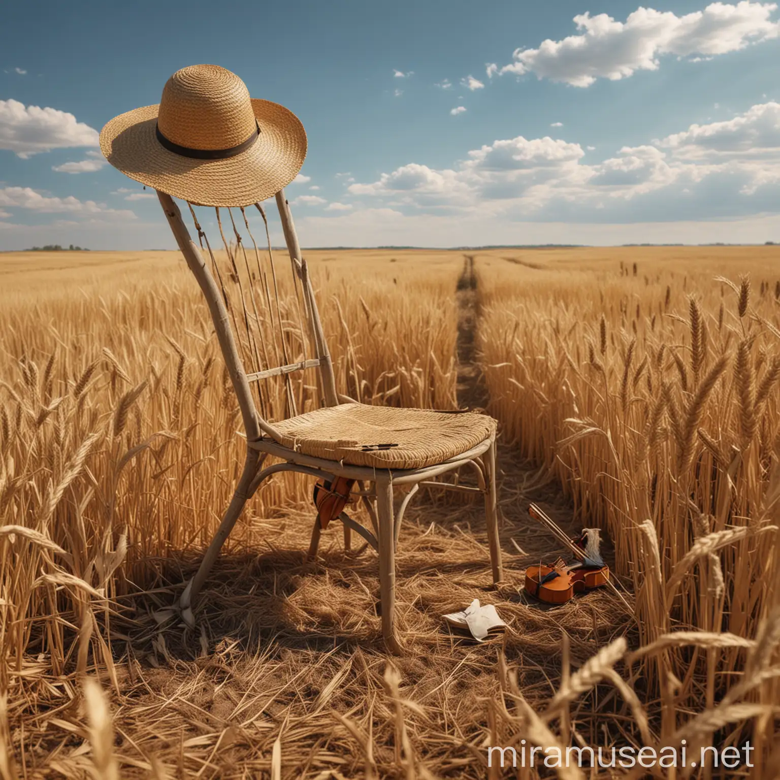 Abandoned Straw Chair and Broken Violin in Wheat Field