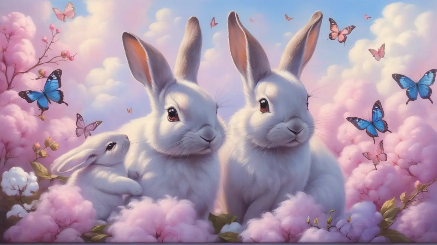 oil painting of a cute mother rabbit and baby bunny and butterfly (#3F00FF) and a floral cupcake. Surrounded by pastel pink and purple cotton candy flowers and white cotton candy clouds. #F8C8DC