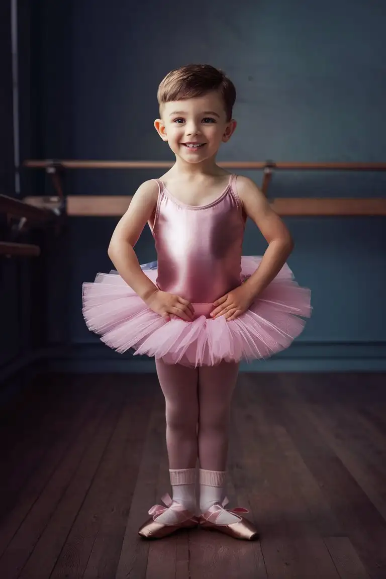 (((Gender role reversal))), A cute small thin little 5-year-old white English boy in a silky pink ballet leotard with long sleeves and a frilly tutu with pink socks and ribbon slippers, short smart brown hair, he is standing nervously in a ballet studio, smiling bravely, photograph, perfect face, perfect eyes, perfect nose
