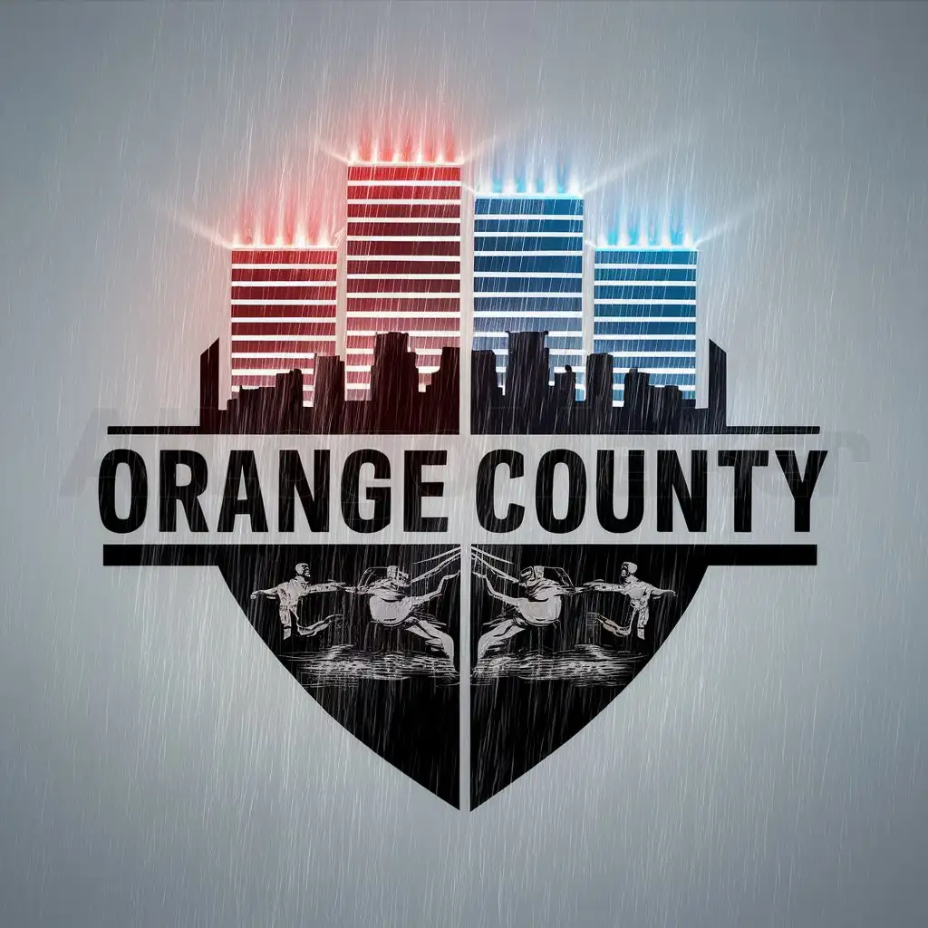 a logo design,with the text "OrangeCounty", main symbol:Skycrapers flashing red and blue lights with an intense battle of police and criminals with rain pouring down from the sky,Moderate,be used in Others industry,clear background