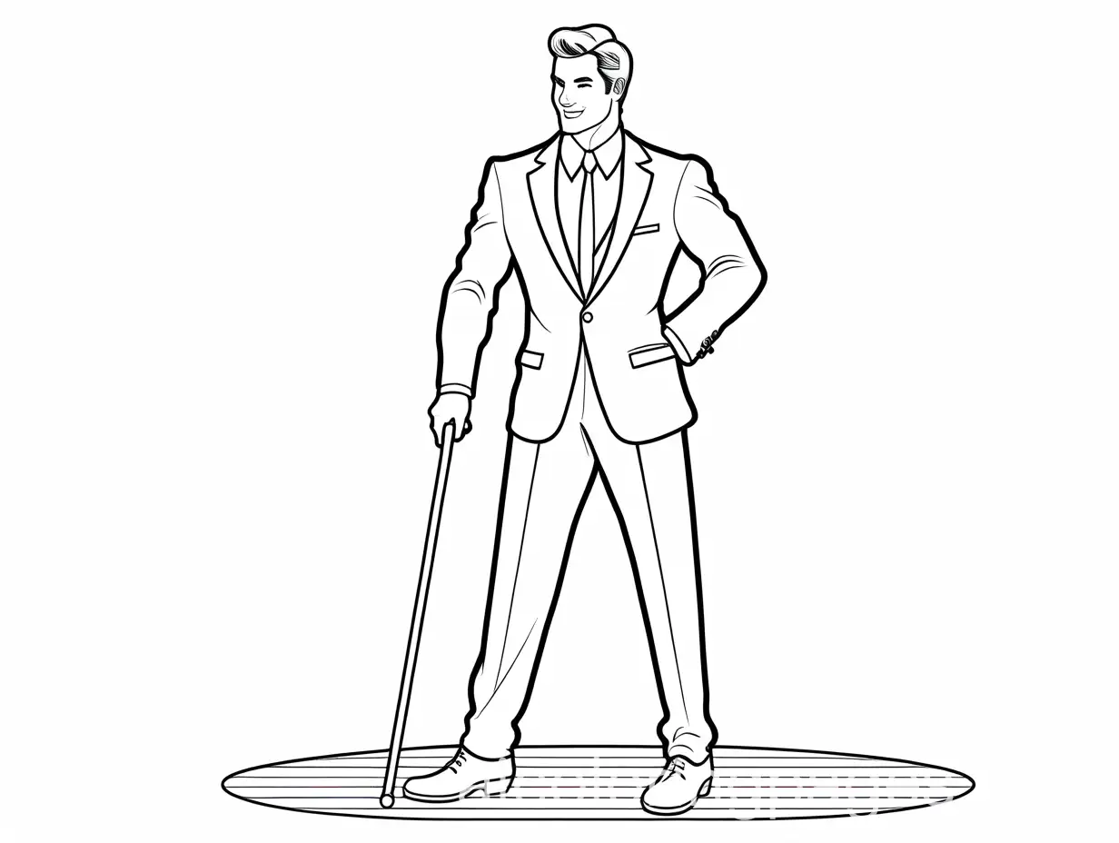Tapdancer wearing a suit with a cane with tapshoes coloring page , Coloring Page, black and white, line art, white background, Simplicity, Ample White Space. The background of the coloring page is plain white to make it easy for young children to color within the lines. The outlines of all the subjects are easy to distinguish, making it simple for kids to color without too much difficulty