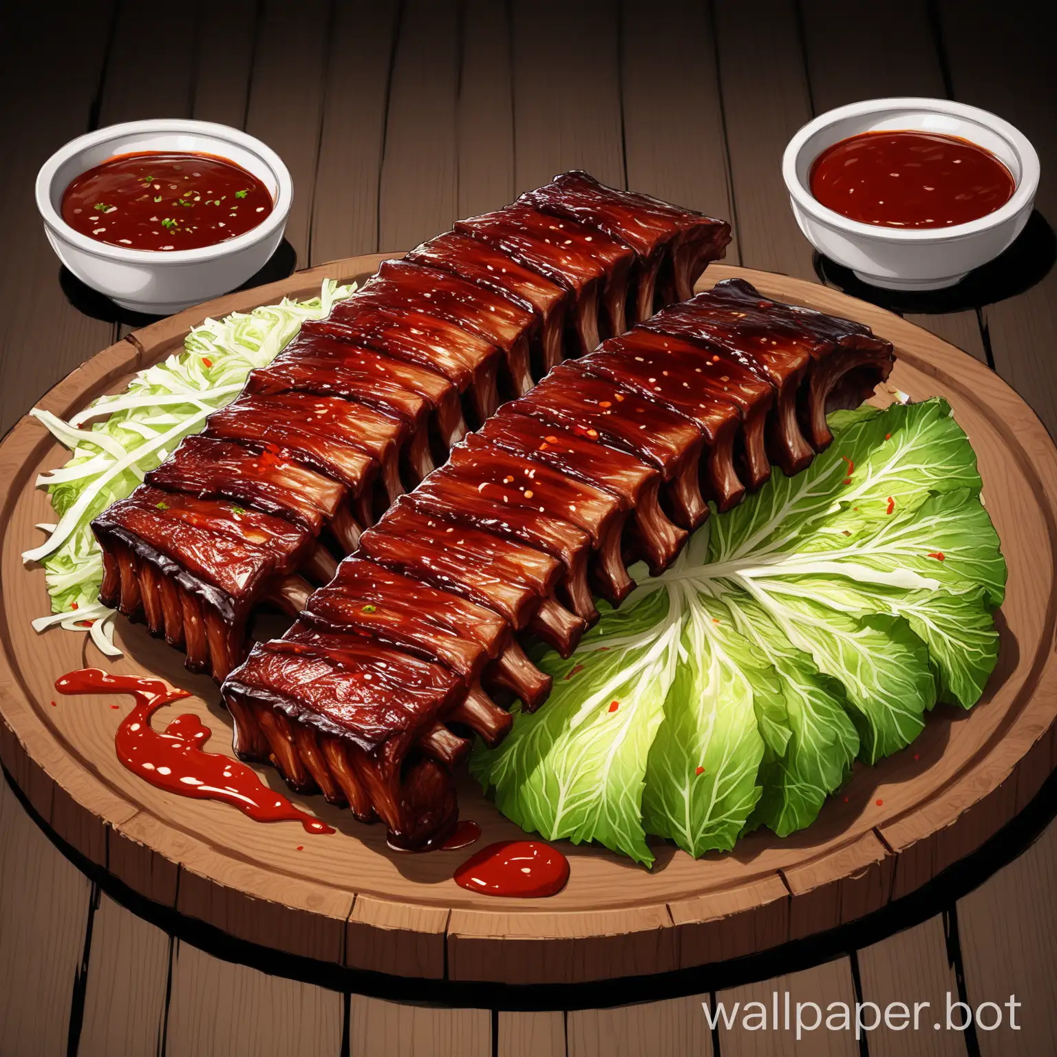 Roasted marinated ribs in a dark red marinade,with green and chopped cabbage red and white on the wood plate,two sauces on the plate,very detailed picture and high quality