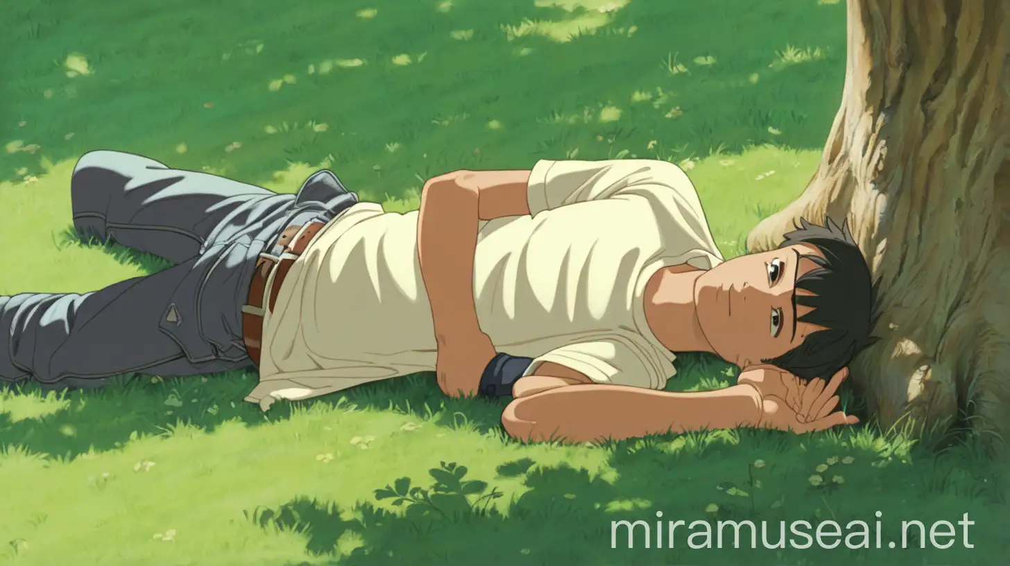 A young man lying under a tree