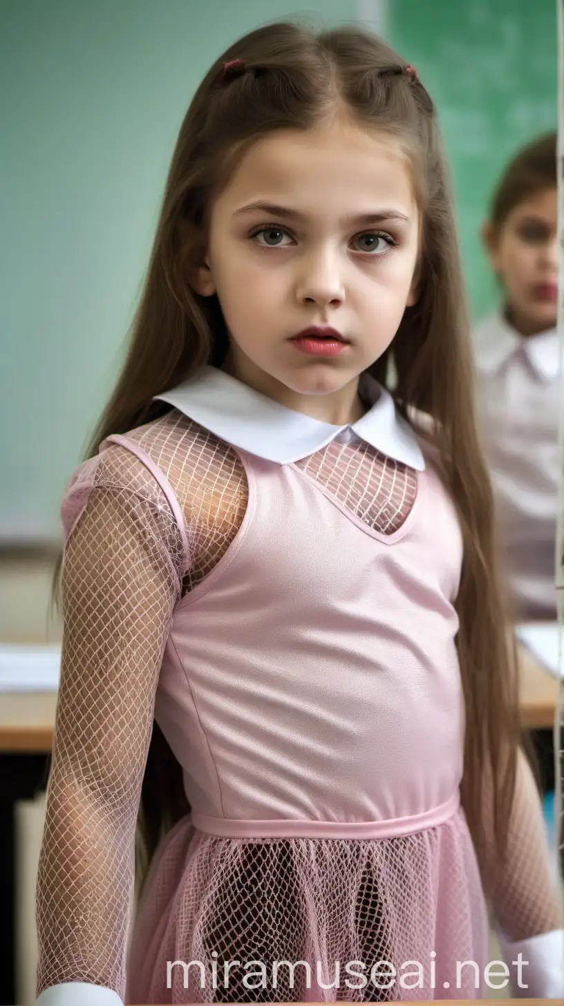A 12 years innocent child russian  in classroom, most beautiful girl in the world, close-up, pink lips, full fishnet dress, aggressive, brown hair