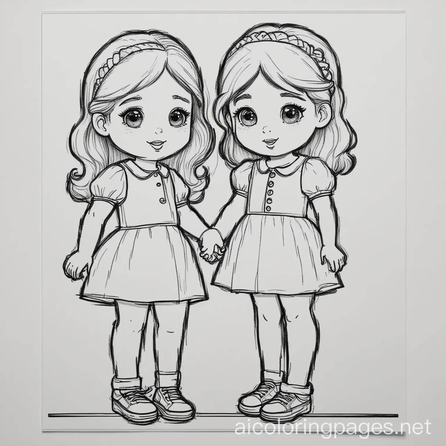 two girls meeting for the first time, Coloring Page, black and white, line art, white background, Simplicity, Ample White Space. The background of the coloring page is plain white to make it easy for young children to color within the lines. The outlines of all the subjects are easy to distinguish, making it simple for kids to color without too much difficulty