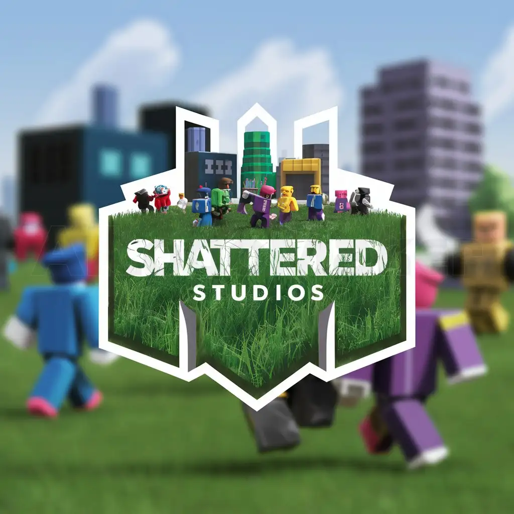 LOGO-Design-for-Shatted-Studios-Vibrant-Grass-with-Roblox-Players-and-Buildings