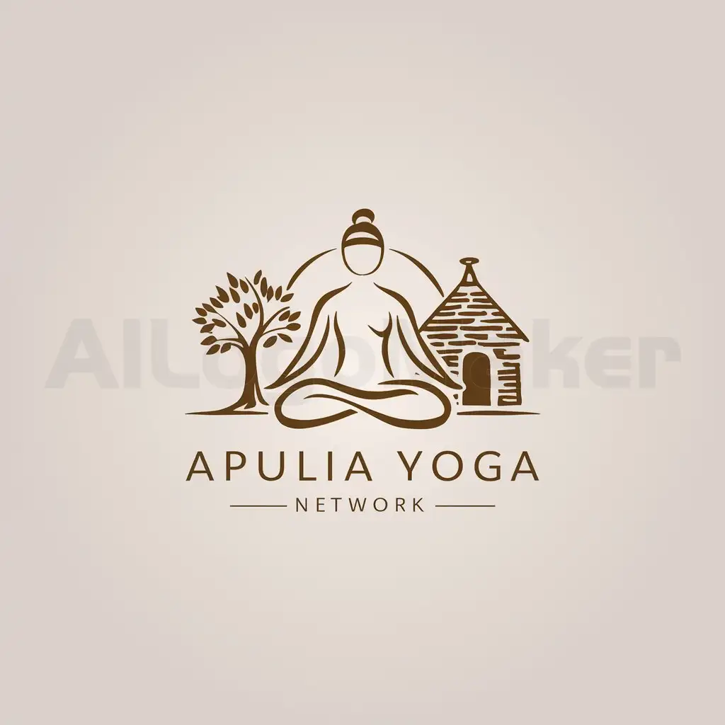 a logo design,with the text "Apulia Yoga Network", main symbol:yogi in lotus position, olive tree,  trullo (typical farm house building),Minimalistic,clear background