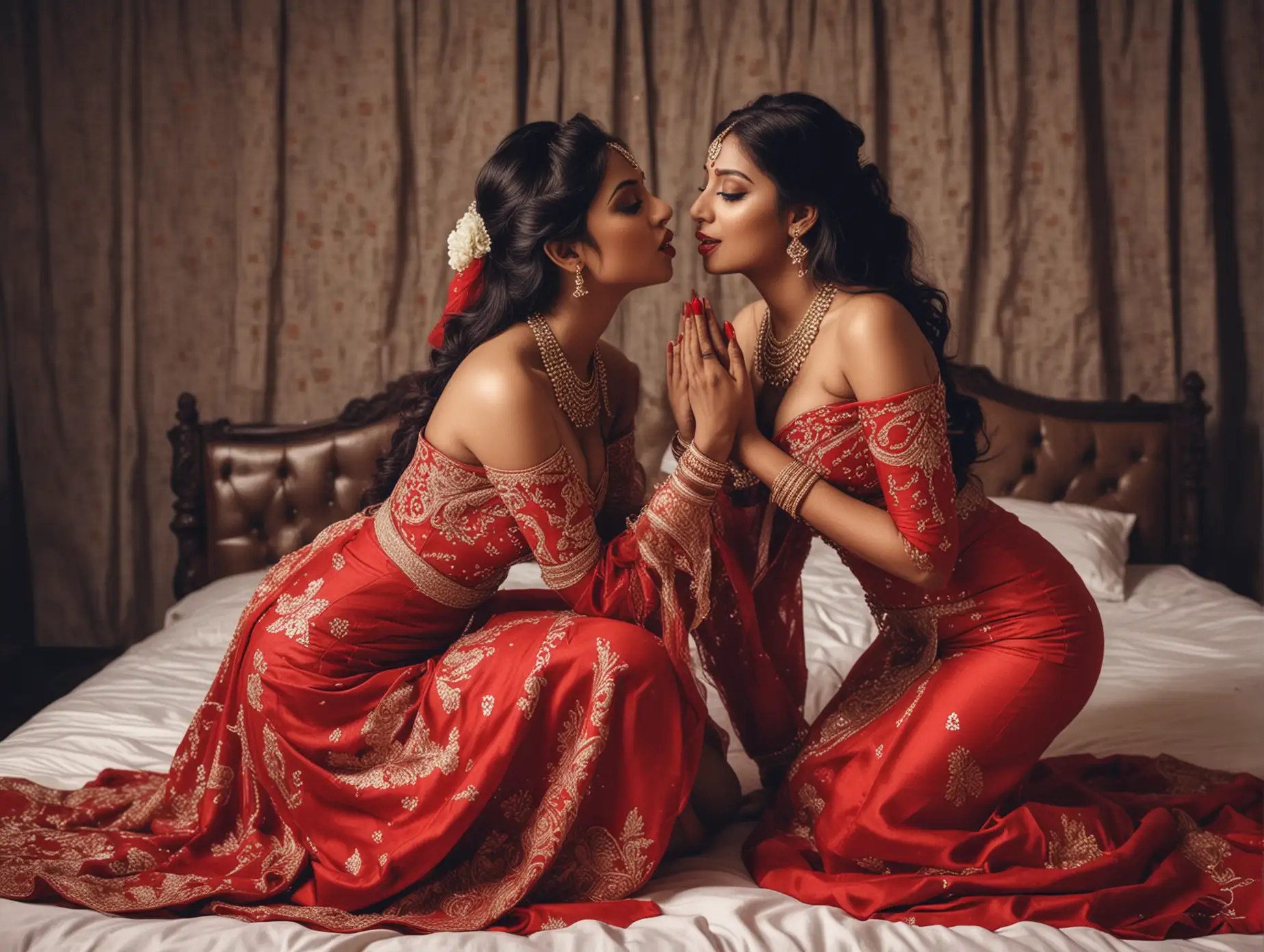Two Indian hot girls,wearing red wedding dress, best makeup, both girl are kneeling on the bed ,kissing on neck and back,high contrast, ultra realistic,portrait full length shot