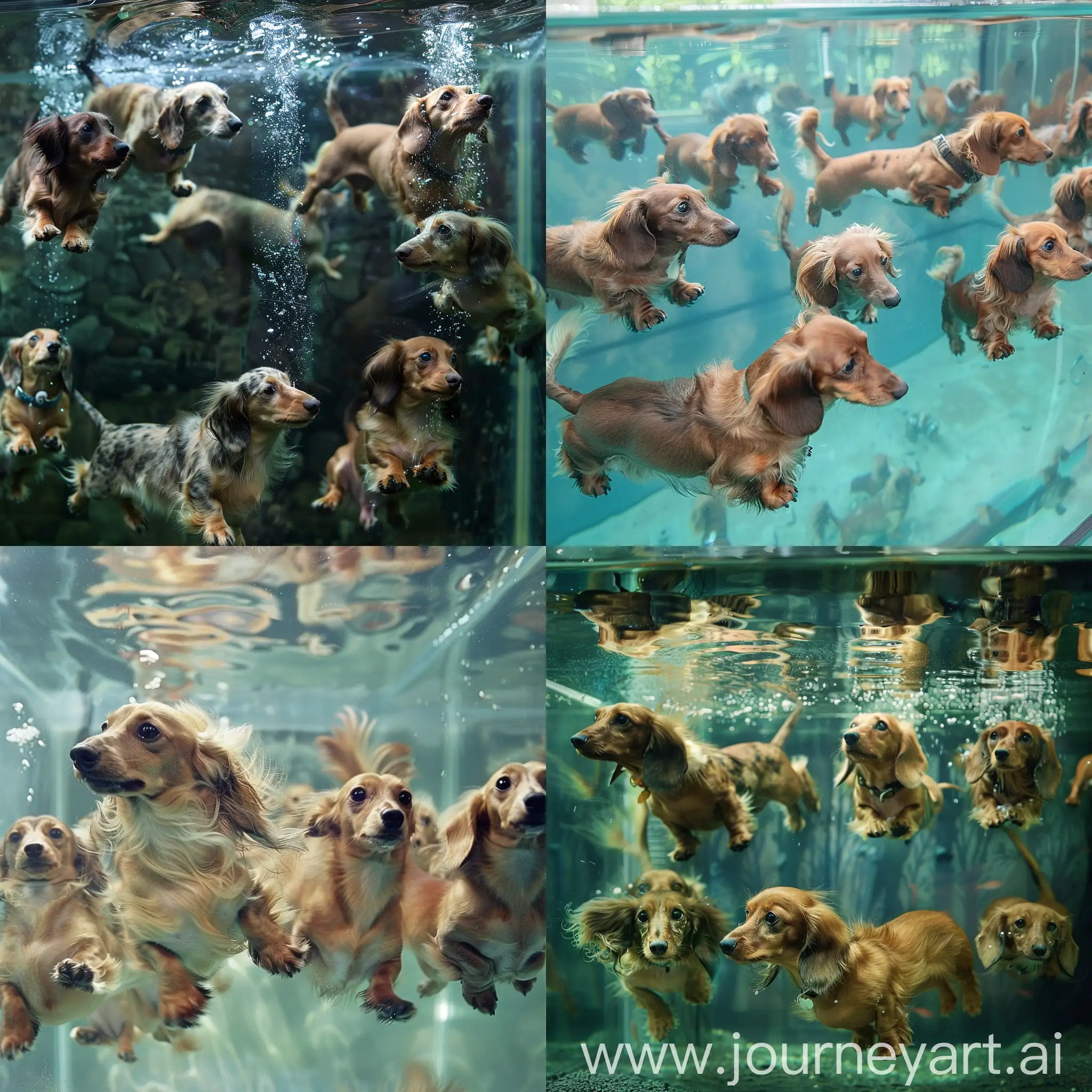 Many long haired dachshunds swimming in a glass aquarium