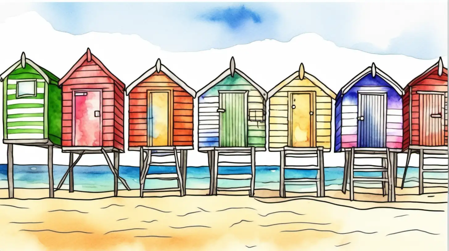 generate a watercolor doodle about colorful beach huts on the beach