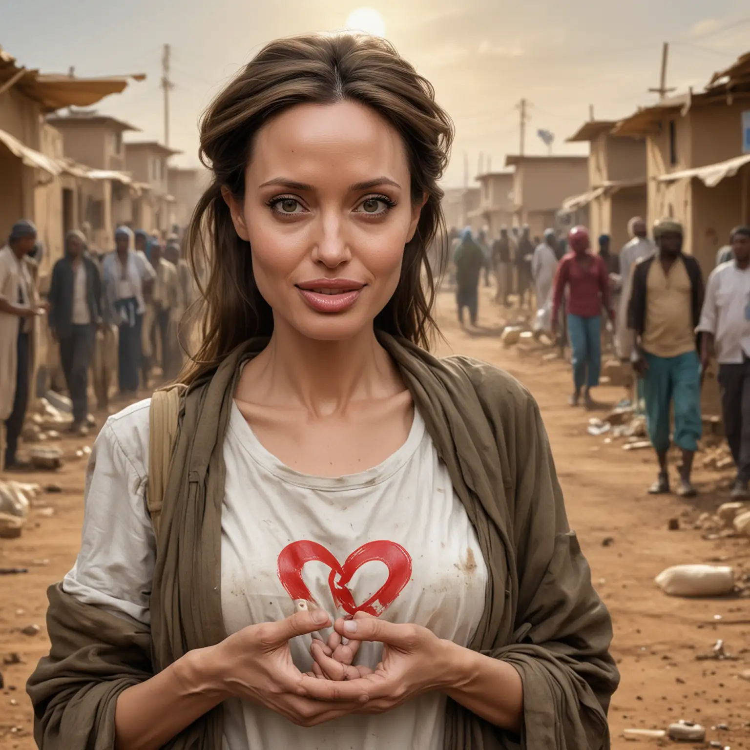 karikatur Angelina Jolie als "Humanitäre Ikone": Zeichne sie mit einem Herzsymbol, das sie in den Händen hält, während sie in einer Szene mit humanitären Hintergrund wie einem Flüchtlingslager oder einem Krankenhaus zu sehen ist, wo sie sich engagiert und hilft.