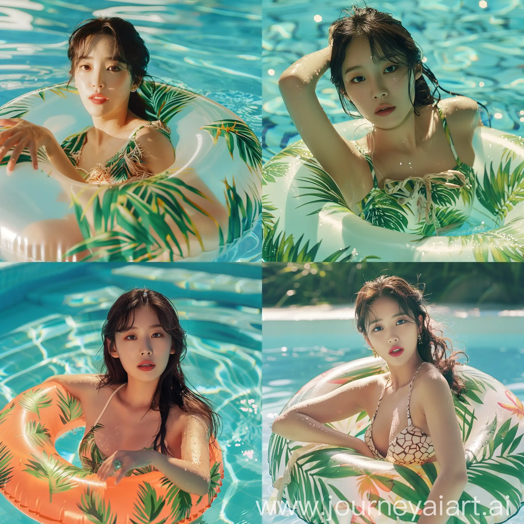 a beautiful Korean woman, wearing a coconut leaf patterned beach dress, inflates a swimming ring, Being in the swimming pool 