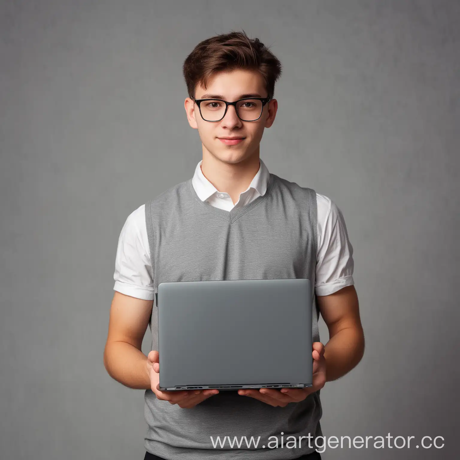 студент 20 лет стоит с ноутбуком в руках
