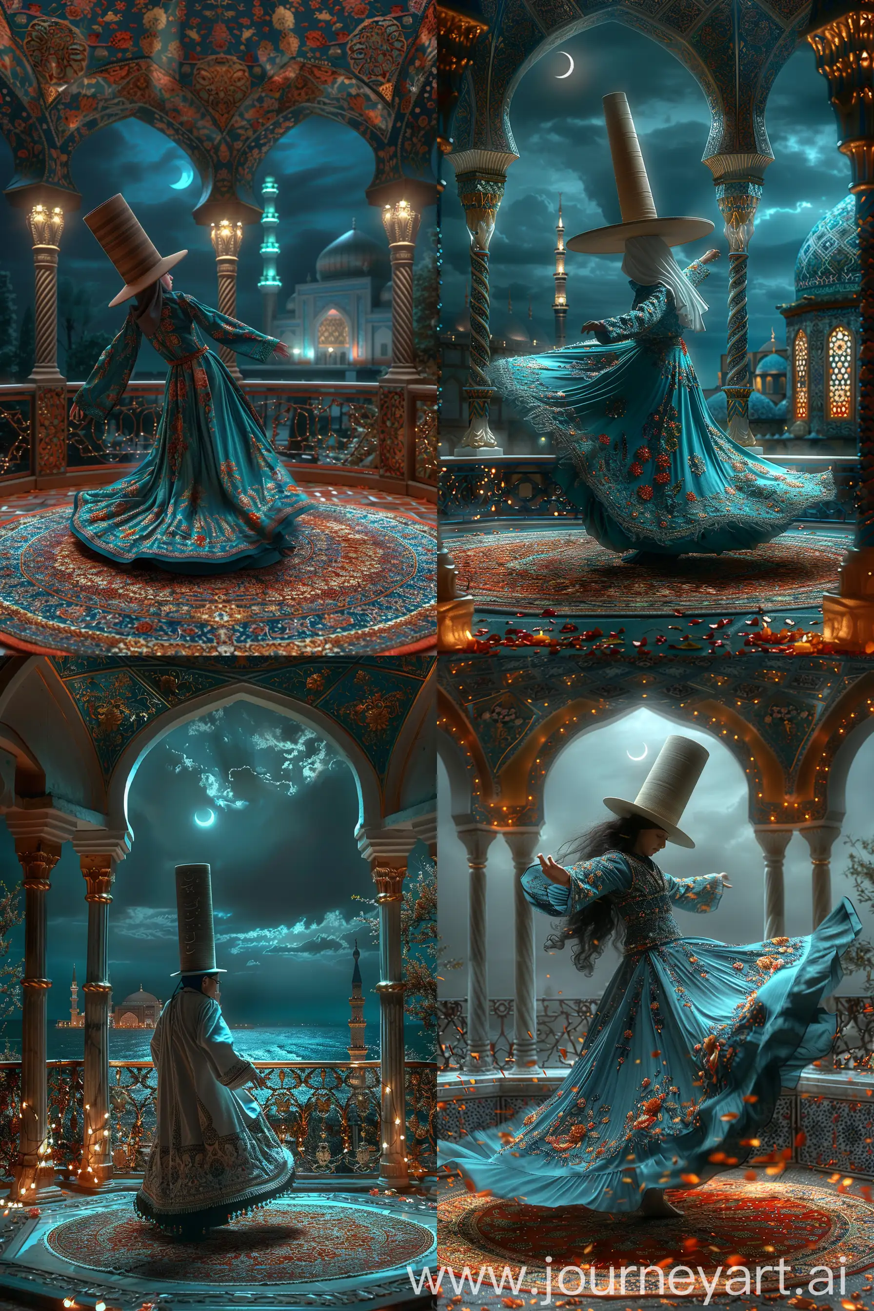 A young British dervish wearing tall cylindrical hat performing sufi whirling sema dance on a persian carpet, inside an octagonal balcony having three arches decorated with persian floral motifs, serene night sky with a crescent, view of Persian tiled mosque, White blue red golden --sref https://shorturl.at/A8AlW --style raw --q 1 --s 999 --ar 2:3
