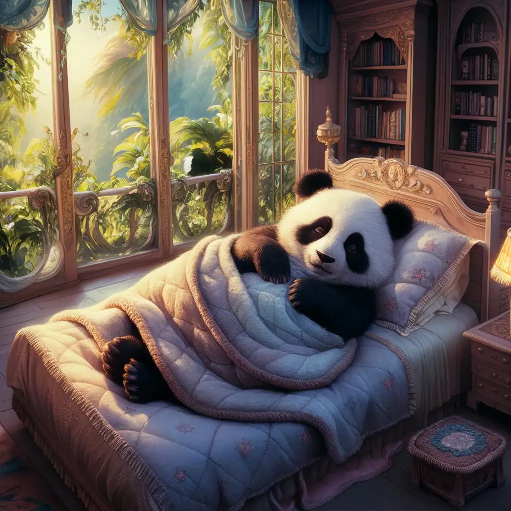 A very cute panda, sleeping on the bed in the bedroom, covered with quilt, anthropomorphic, many details in the bedroom, floor-to-ceiling windows