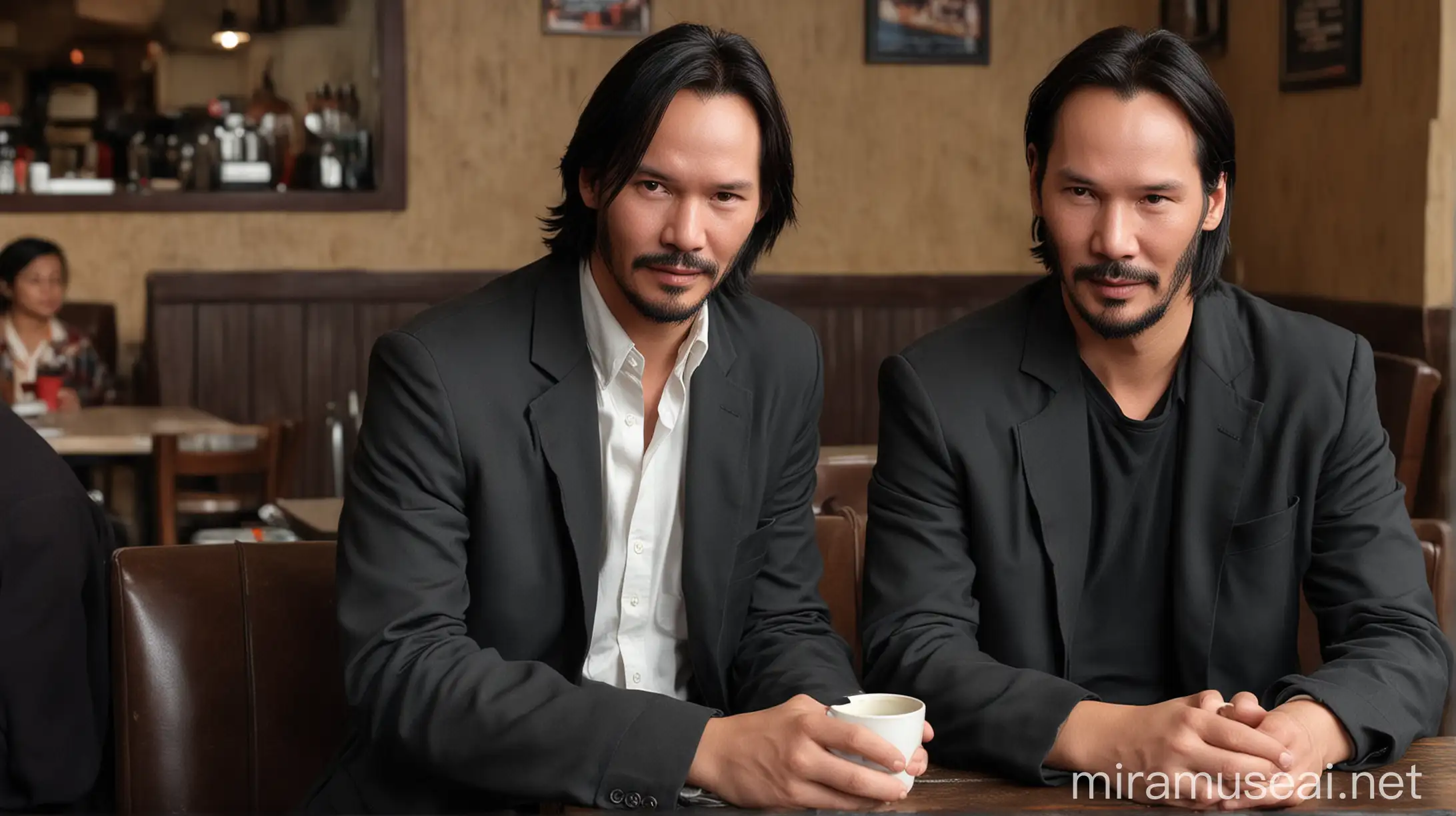 An Indonesian young man aged around 32 years was sitting together wearing a blazer in a coffee shop while drinking coffee with Keanu Reeves.