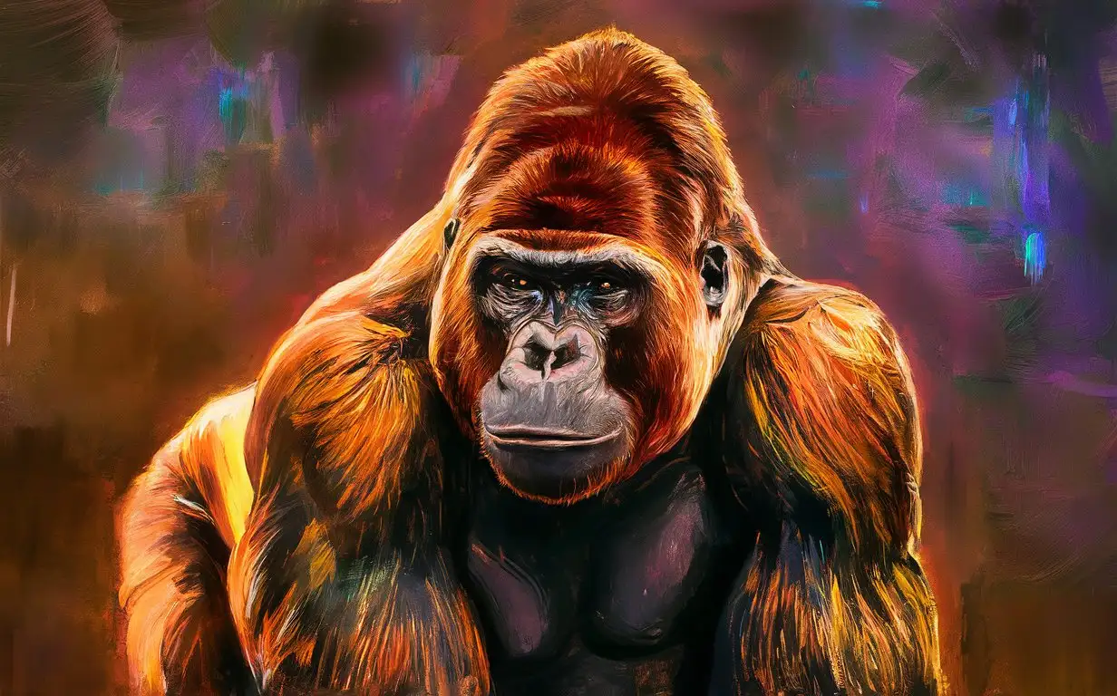 gorilla, neon oil painting, thick brushstrokes, burnt orange palette