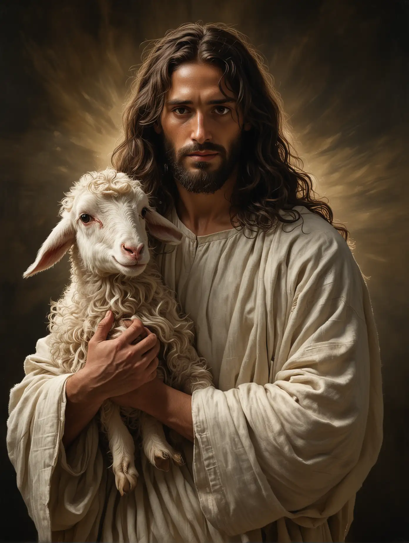 Portrait of Jesus Holding a Lamb Realistic Depiction with Dramatic Lighting