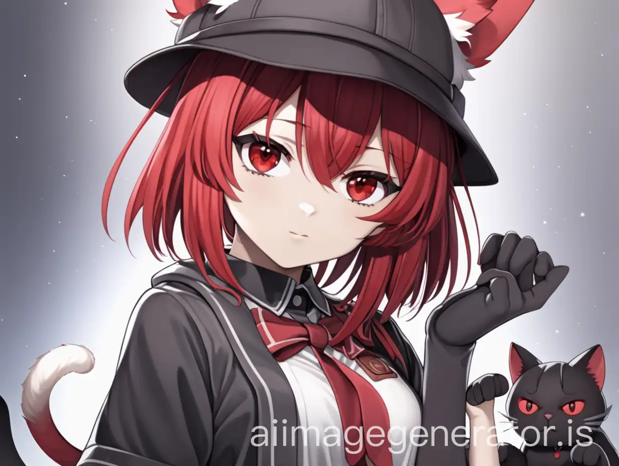 anime girl, red hair, short hair, wearing a hat to cover her cat ears, red eyes, strong, courage, calm, full body
