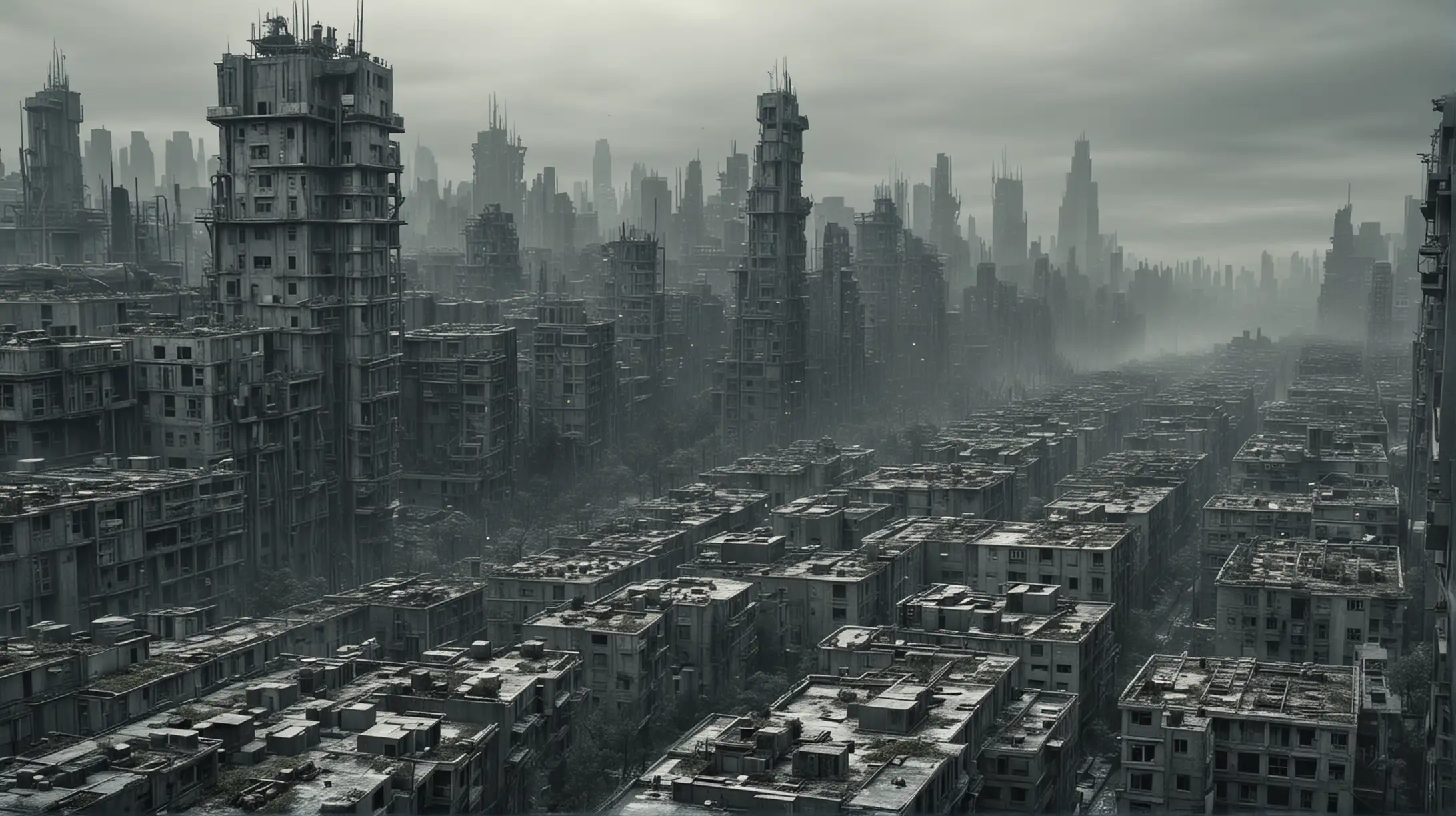 dystopian city, grey, forrest has taken back the city