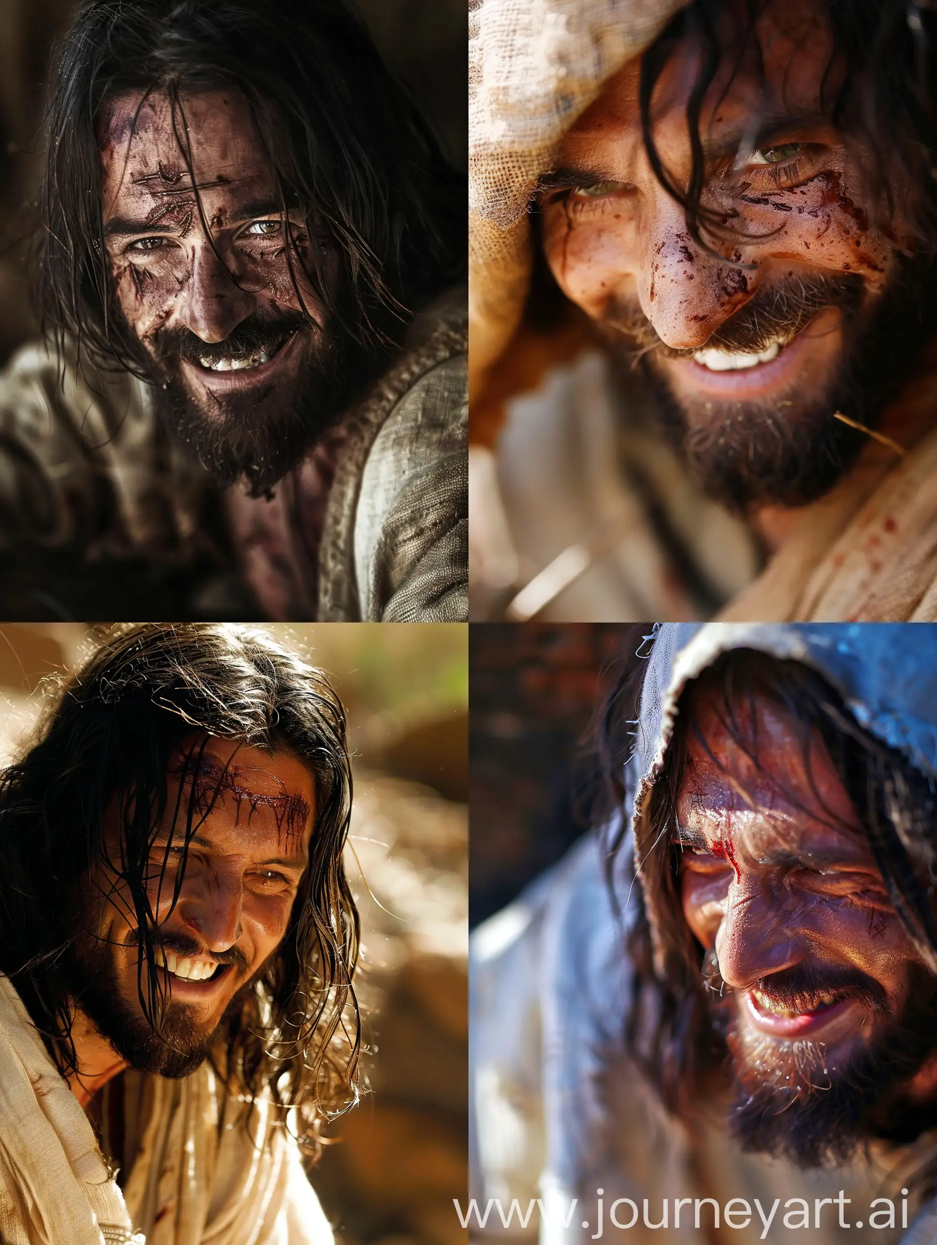 Jesus smiles with a wounded face