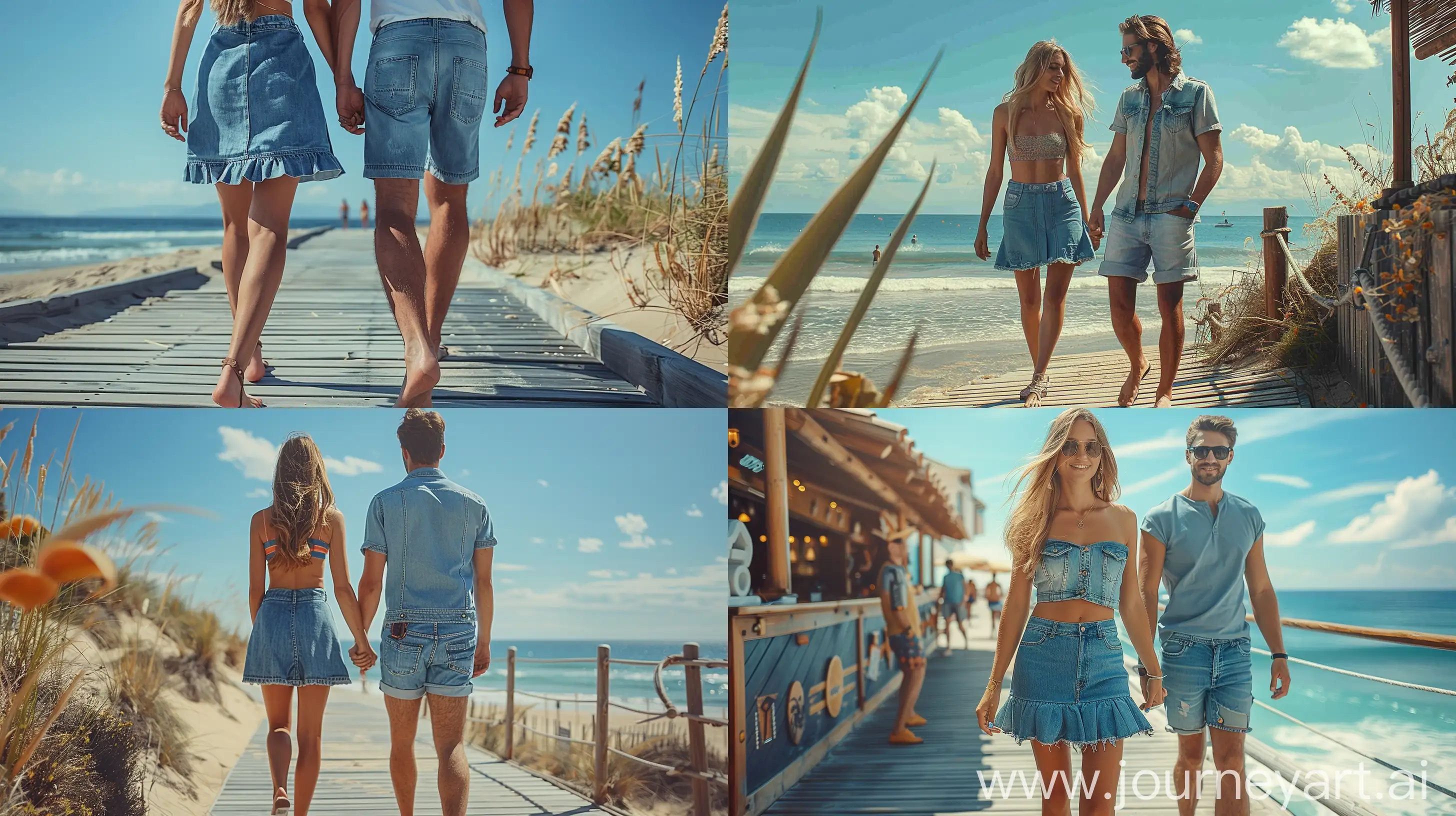 An image of a woman and a man strolling on a beach boardwalk, the woman in a denim skirt and the man in denim shorts, both showcasing relaxed summer fashion with a sea backdrop. --stylize 300 --ar 16:9 --style raw